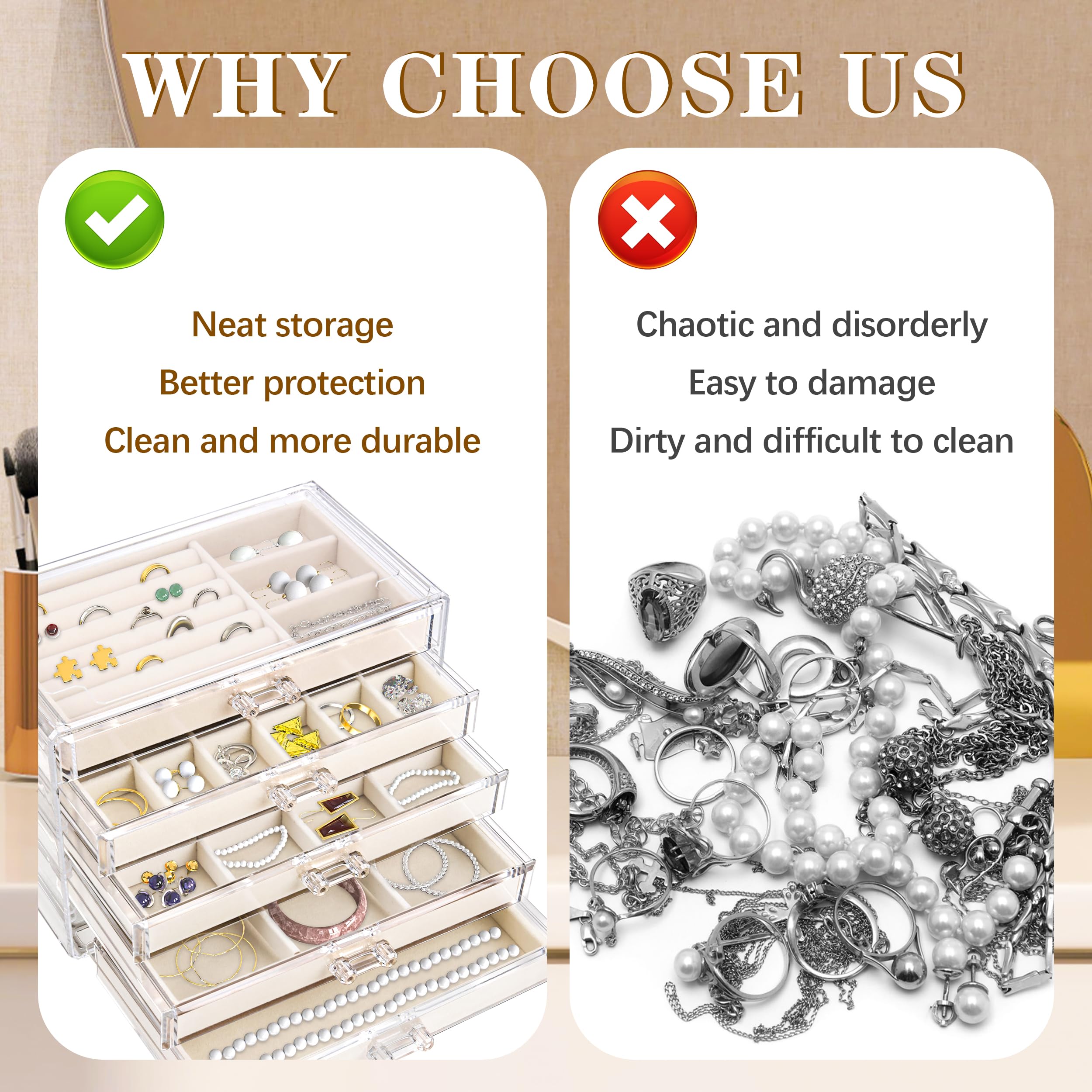 5-Drawer Acrylic Jewelry Organizer with Velvet Trays - Earring, Necklace & Ring Storage Display - Perfect Gift for Women (Beige) | Bedroom Vanity, Closet & Travel Jewelry Box