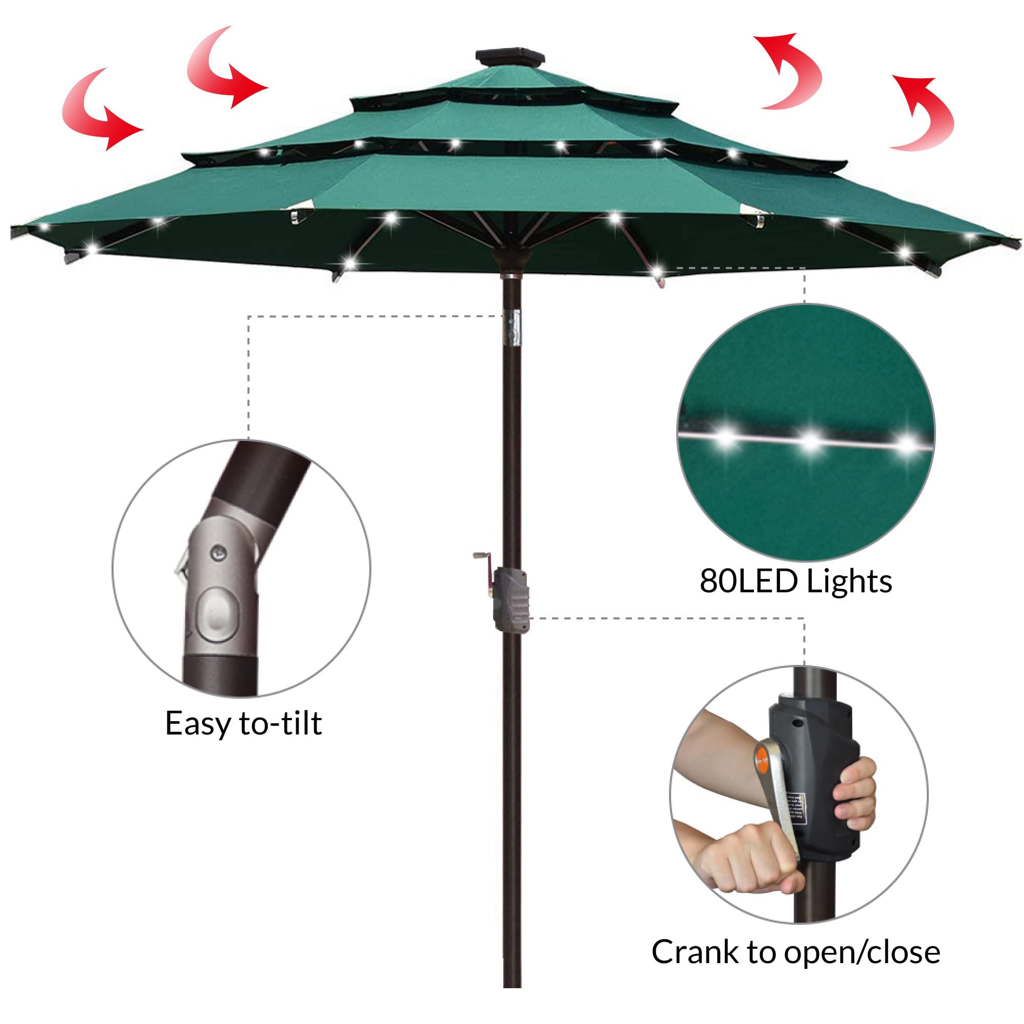 EliteShade USA 10-Year Fade-Resistant 9ft Solar-Powered 3-Tier Patio Umbrella with 80 LED Lights - Outdoor Market Umbrella with Ventilation & UV Protection (Forest Green) - Perfect for Backyard, Poolside, Restaurant & Outdoor Dining Areas