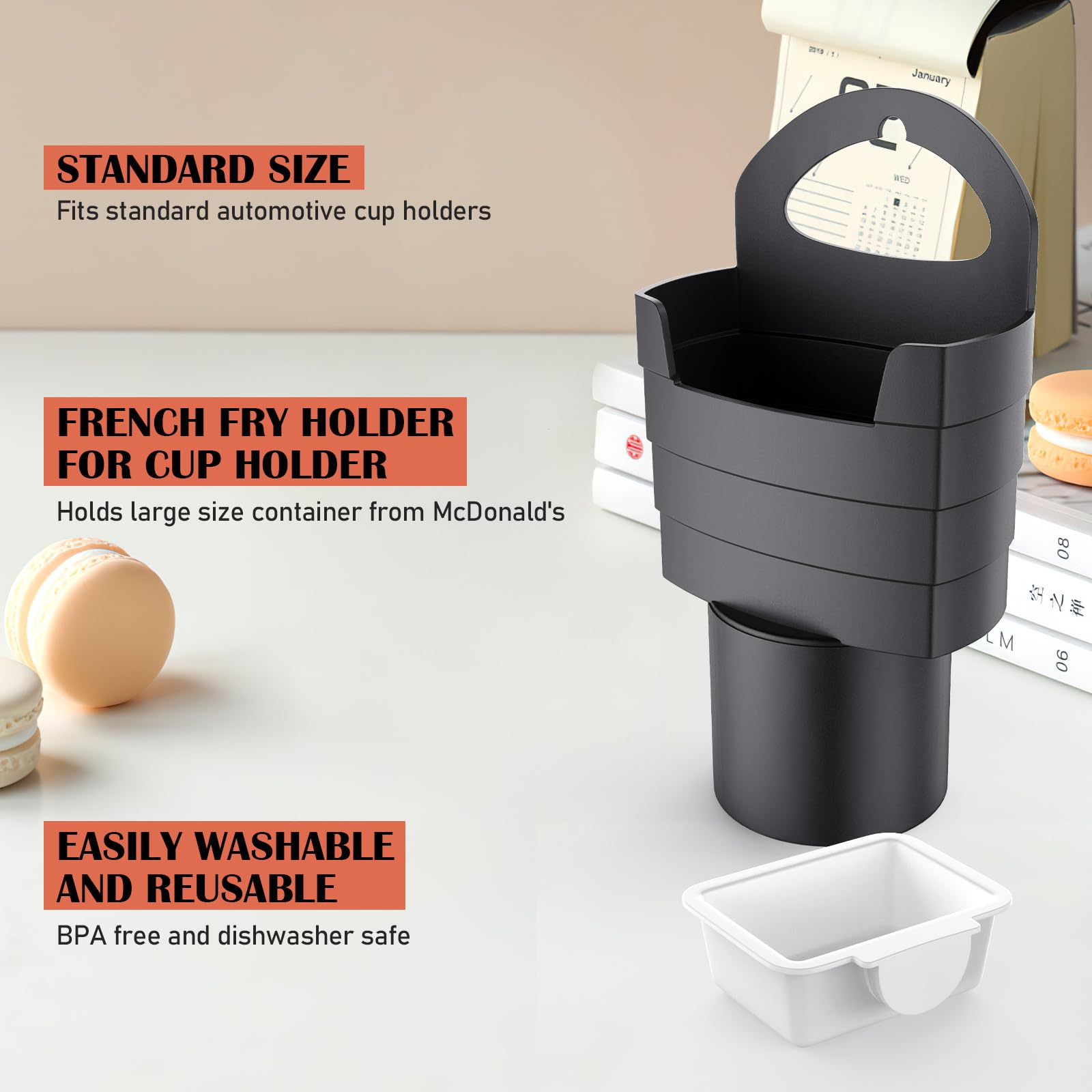 2-Pack Car French Fry Holder with Dipping Sauce Cup - Portable Condiment Holder for Ketchup, Mustard & Sauces - Perfect for Road Trips, Fast Food & Car Snacks