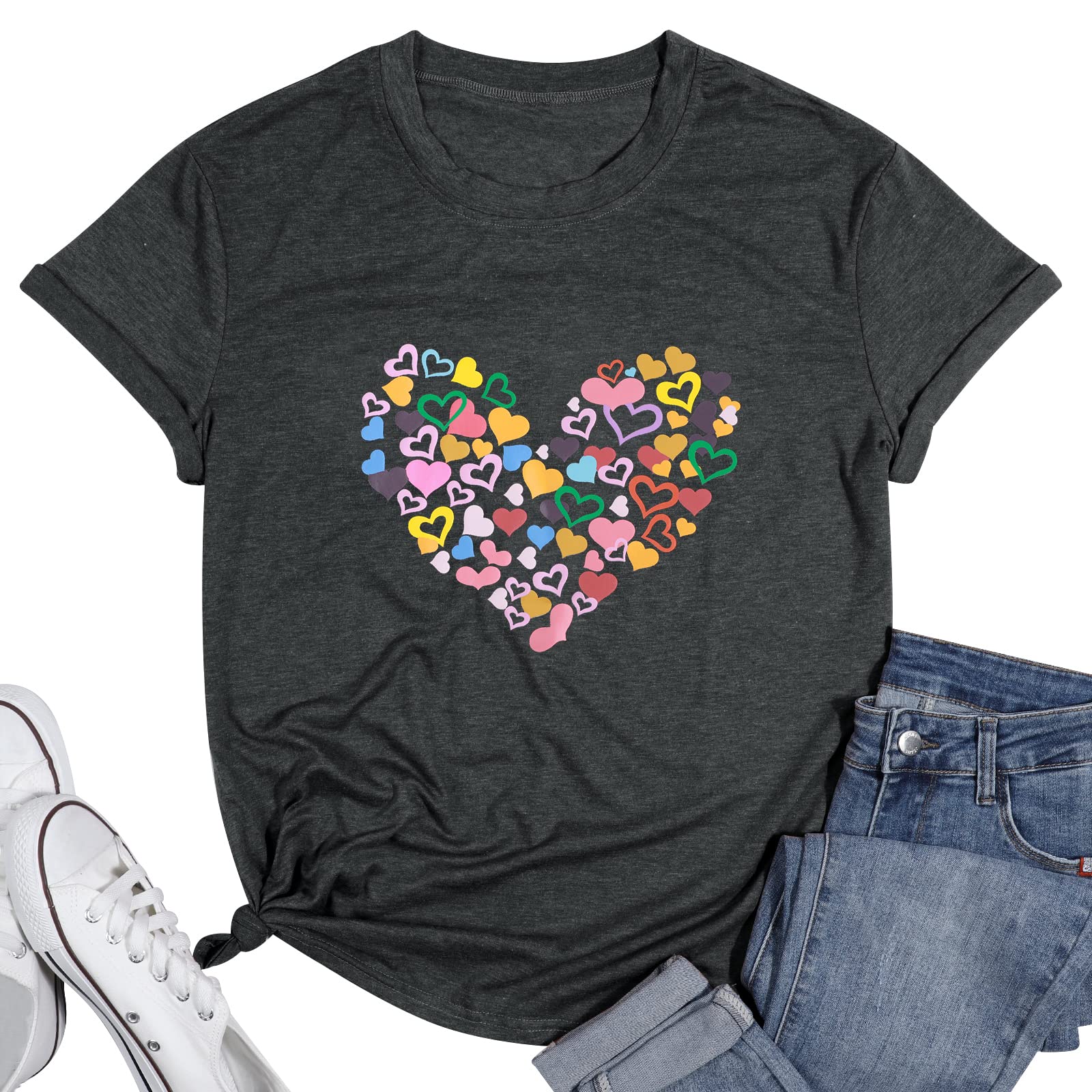 Women's Heart Graphic T-Shirt - Cute Love Heart Print Tee - Summer Casual Short Sleeve Top for Women | Perfect for Date Nights, Beach Outings & Everyday Wear