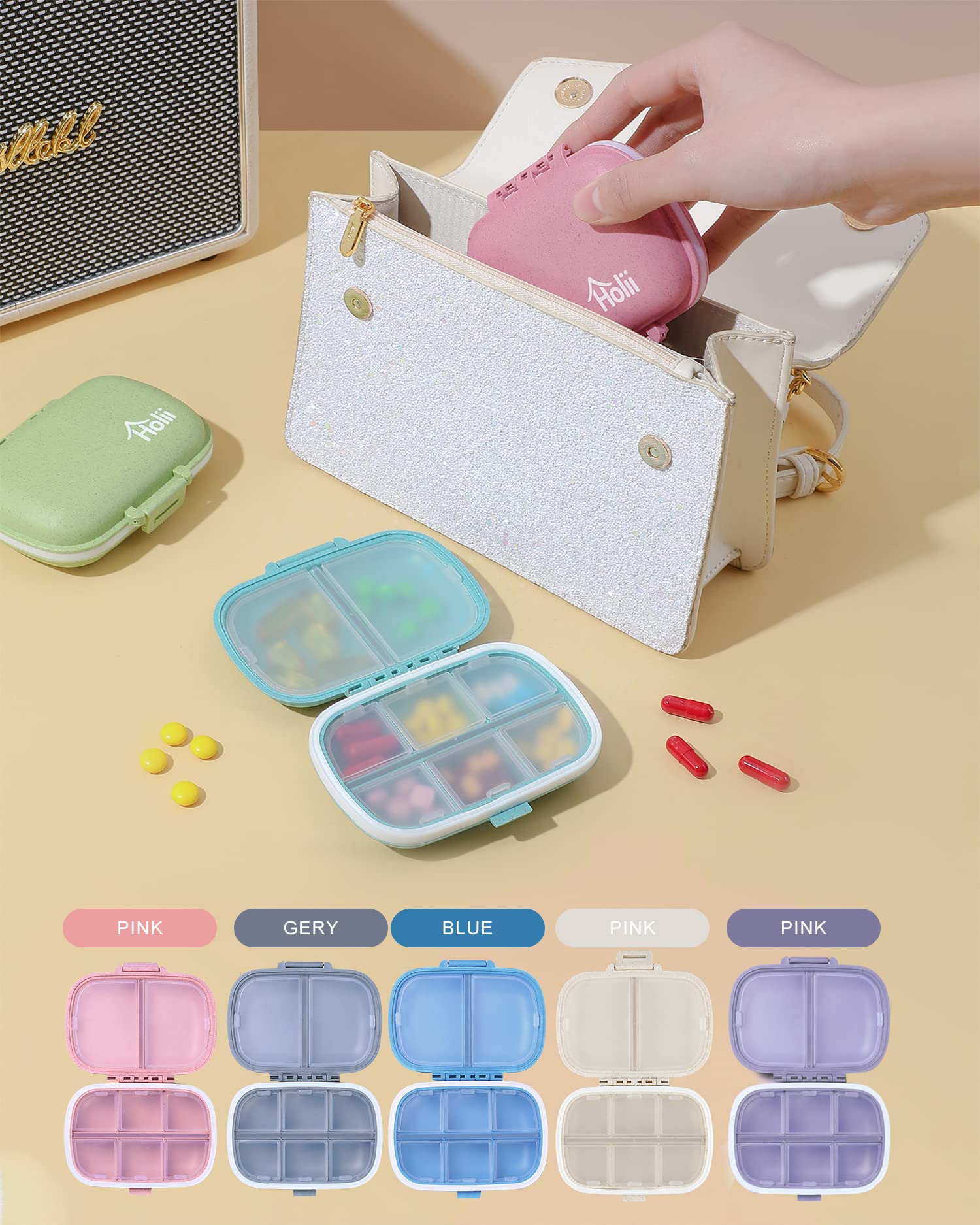 Holii 8-Compartment Travel Pill Organizer - Portable Daily Pill Case for Vitamins & Medicine - Compact Pill Container for Purse, Pocket & On-The-Go Use (Pink)