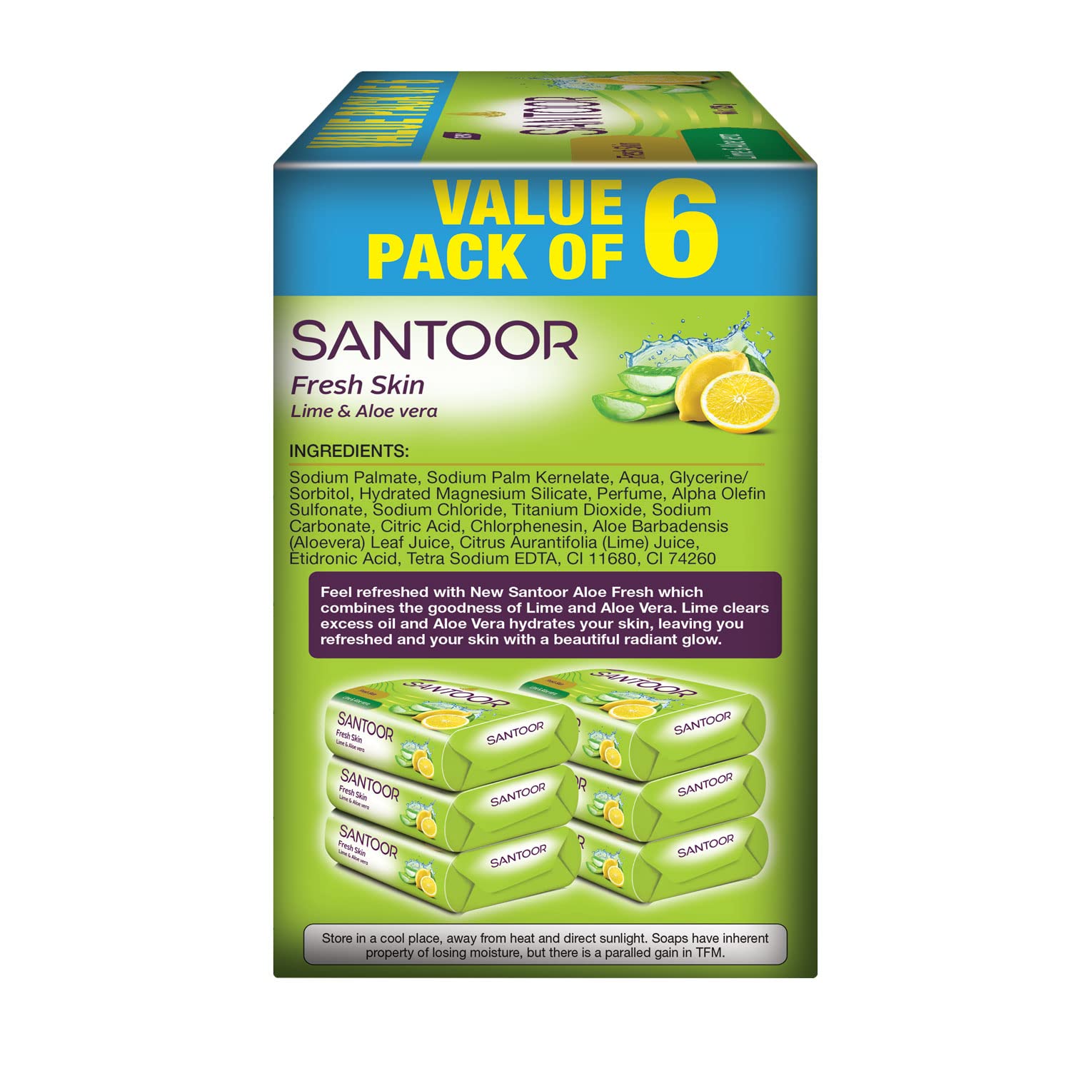 Santoor Aloe Fresh Soap 125g (Pack of 6) & Santoor Sandalwood Almond Milk Soap 125g (Buy 4 Get 1 Free) - Natural Skin Care for Dry & Sensitive Skin - Perfect for Daily Cleansing & Moisturizing