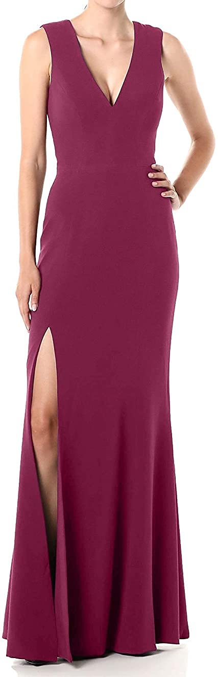 Dress the Population Women's Sandra Plunging Neckline Thick Strap Solid Color Formal Gown with High Slit - Perfect for Evening Galas, Prom, Weddings & Red Carpet Events