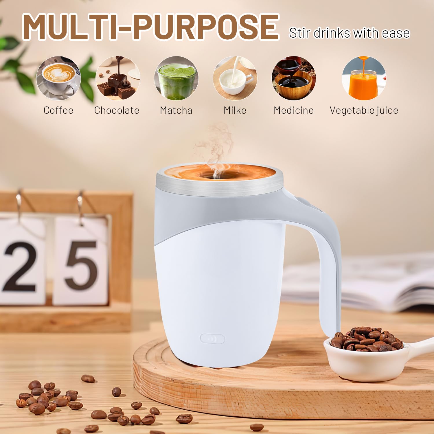 Self Stirring Coffee Mug - Automatic Magnetic Stirring Travel Mug with Rechargeable Battery, Stainless Steel Smart Coffee Cup for Coffee, Tea & Hot Chocolate - Perfect for Office, Home & Outdoor Use (Brown)