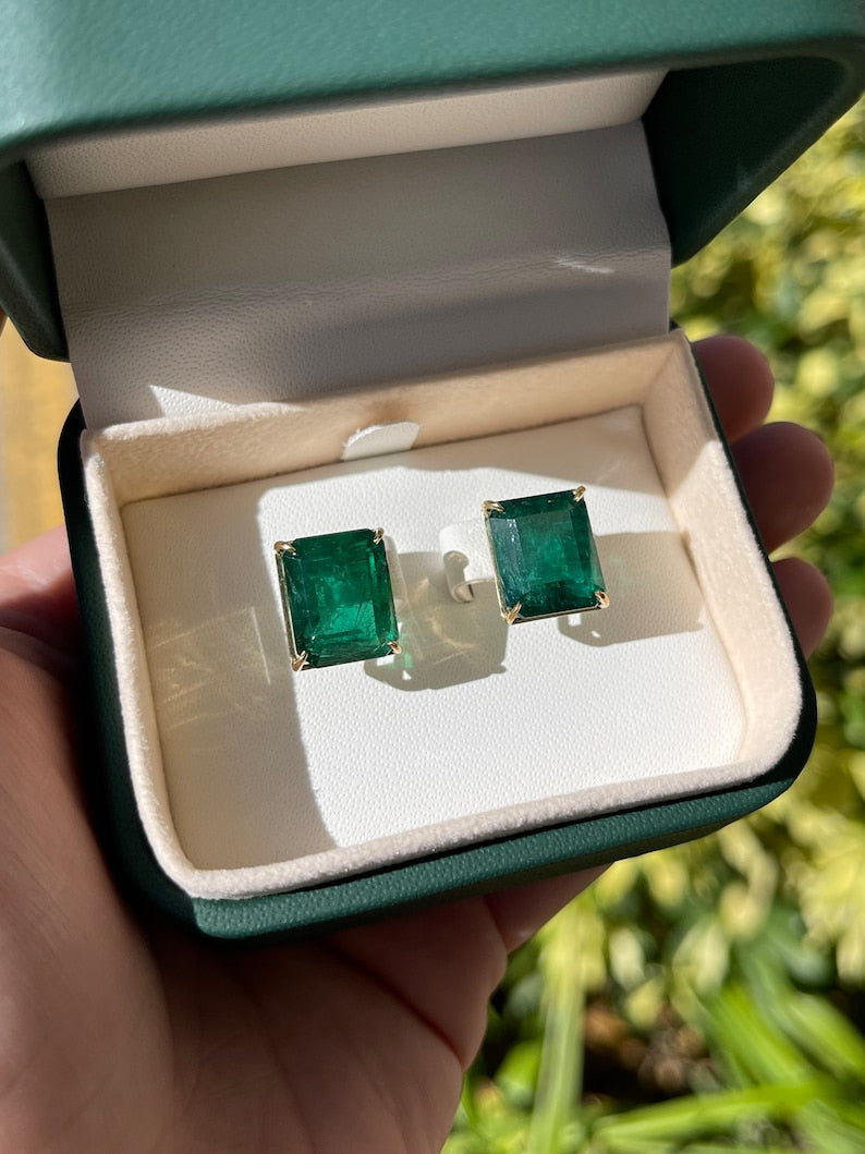 18K Gold Emerald Stud Earrings AAA Quality 18.04tcw - Luxury Statement Jewelry for Women, Perfect for Weddings, Parties & Special Occasions