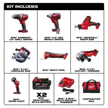 Milwaukee M18 7-Tool Cordless Power Tool Combo Kit with 2x 3.0Ah Batteries, Charger & Tool Bag - Perfect for DIY Projects, Home Renovations & Professional Construction Work