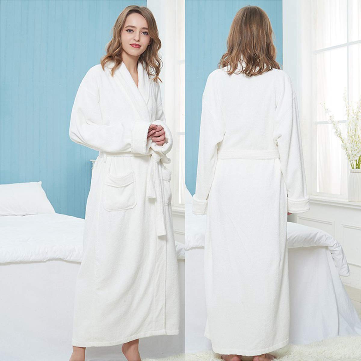 Women's Cotton Kimono Robe - Soft Terry Cloth Shawl Collar Bathrobe for Spa, Sleepwear & Lounge Wear - Cozy Housecoat for Women - White (L) - Perfect for Relaxing at Home, After Shower & Spa Days