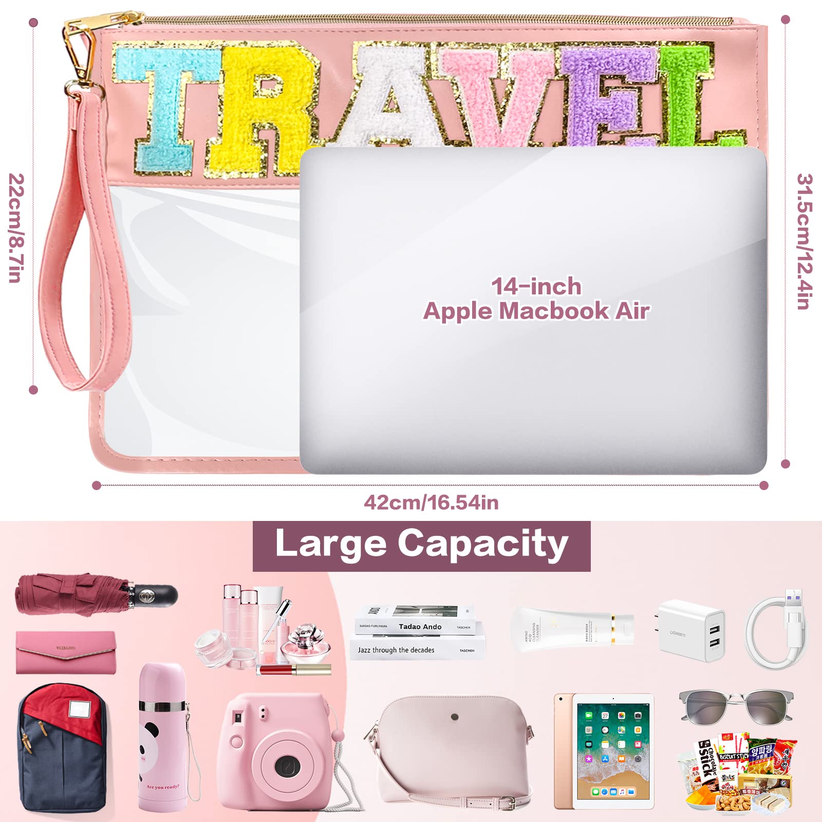 DILIBRA Chenille Letter Clear Travel Toiletry Bag - Large Zippered Nylon Cosmetic Pouch for Women & Teens | Preppy Makeup Organizer | Perfect for School, Gym, Beach & Vacation (Pink)