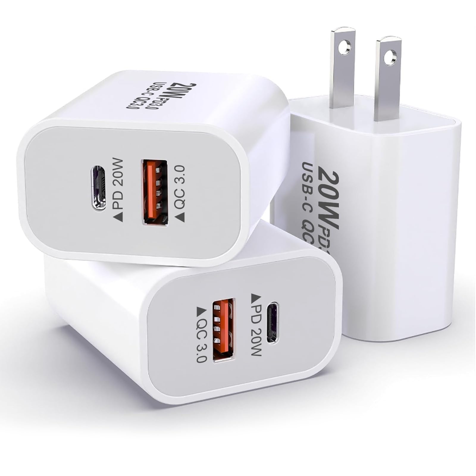 20W Dual Port USB C Fast Charger Block 3-Pack - PD+QC Compatible for iPhone 15/14/13/12/11 Pro Max, iPad Pro, Google Pixel, Samsung Galaxy - Perfect for Home, Office & Travel Charging Needs