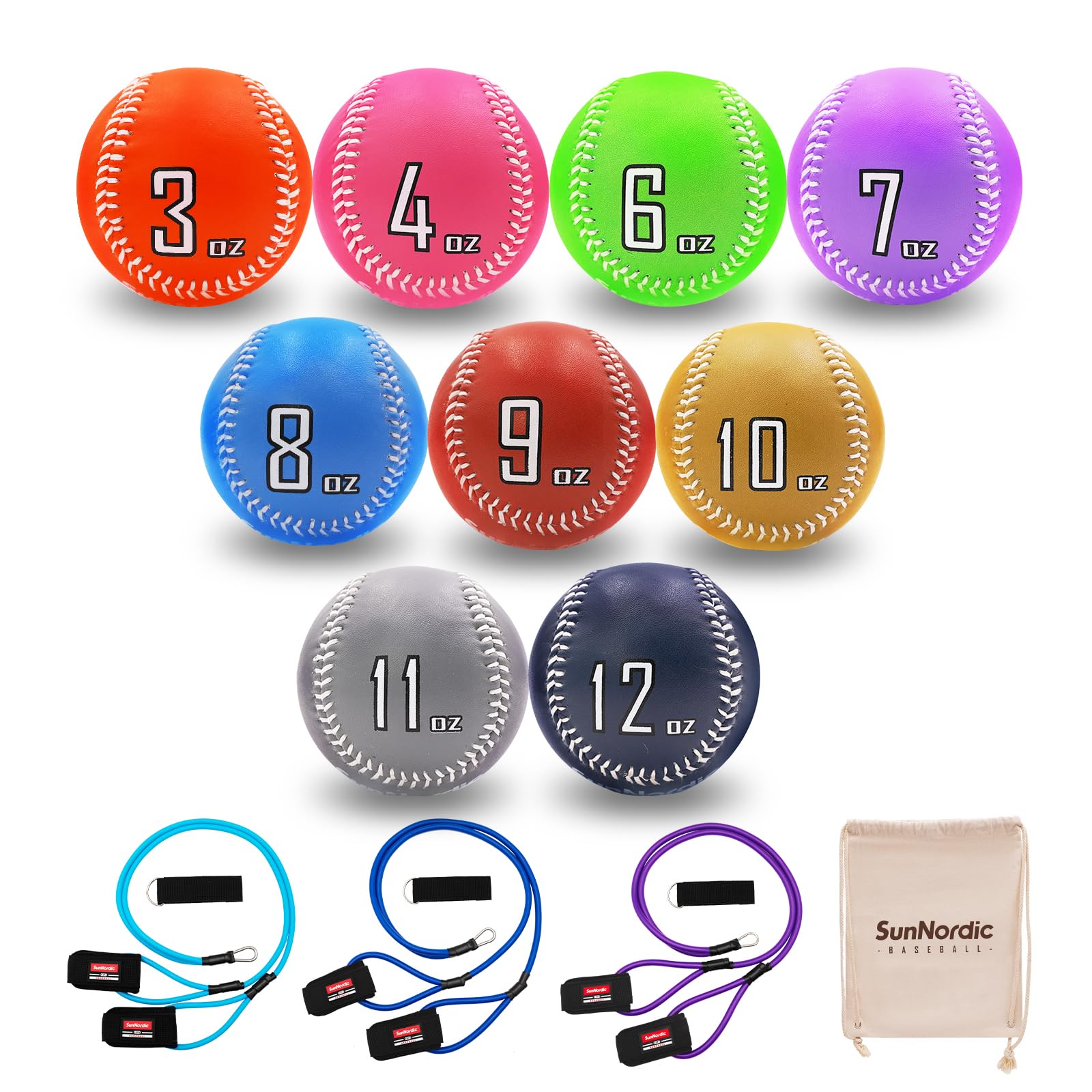 Premium Weighted Baseballs Set of 9 - Variable Weight Training Balls for Pitching & Power Improvement | Durable Leather Baseballs with Resistance Bands | Perfect for Baseball Players of All Levels - Ideal for Pitching Drills, Strength Training & Batting Practice