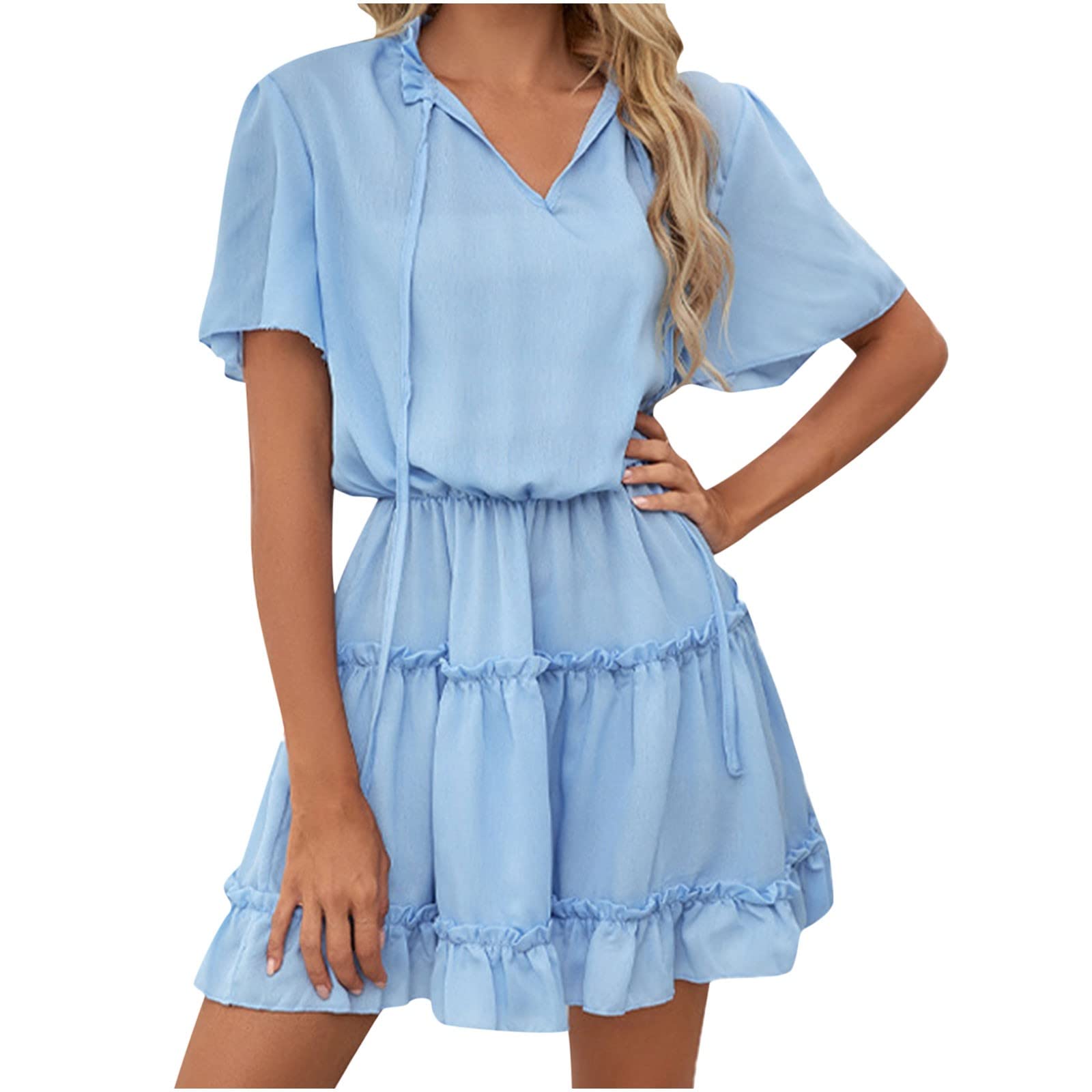 bmkBWO Women's Summer Chiffon Ruffle Tiered Wrap Dress - Casual Solid Color A-Line Mini Dress for Spring & Summer | Perfect for Beach Vacations, Date Nights & Outdoor Parties