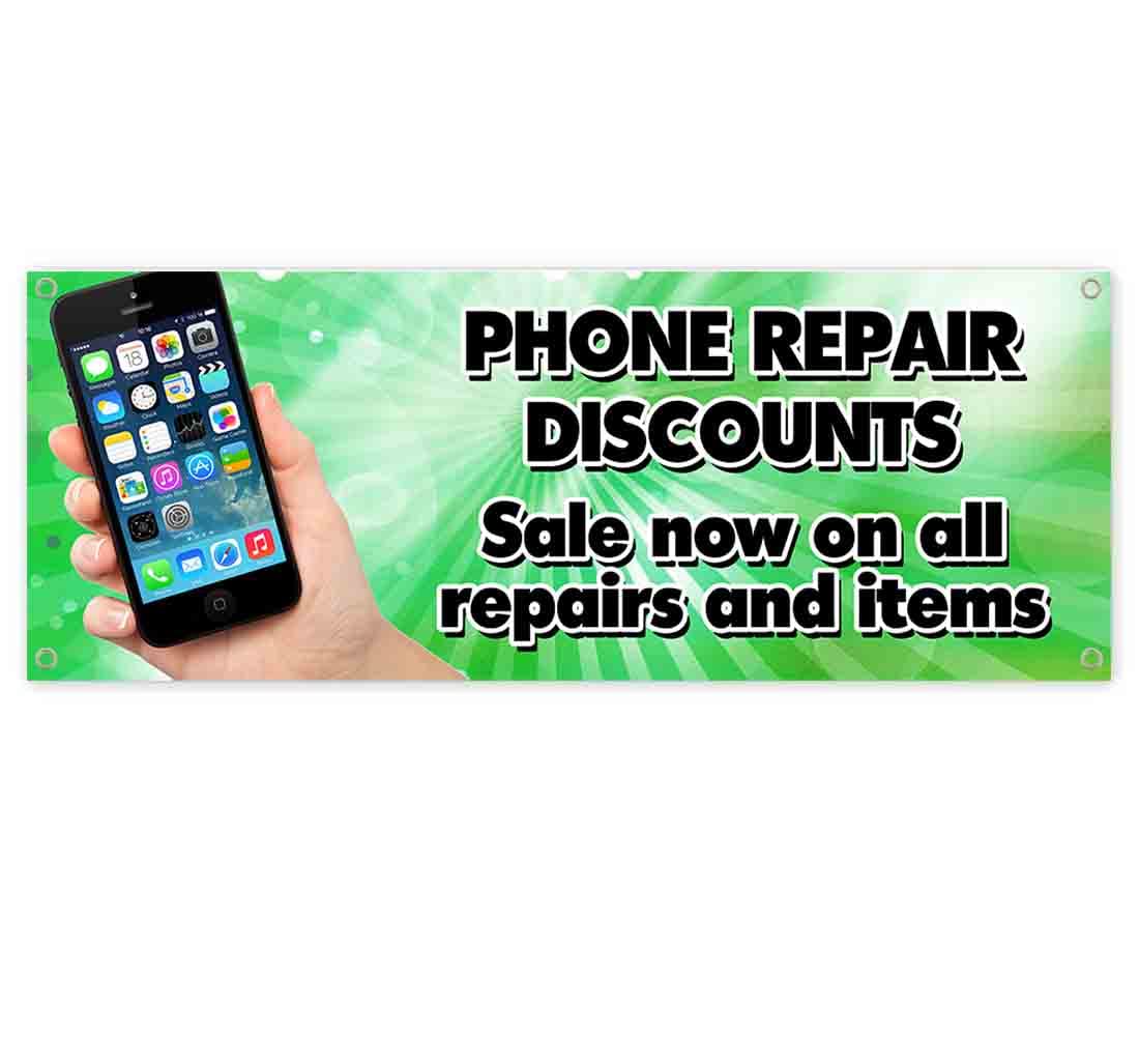 13 oz Heavy-Duty Vinyl Phone Repair Discounts Banner with Metal Grommets - Durable Non-Fabric Sign for Electronics Store & Repair Shop Promotion