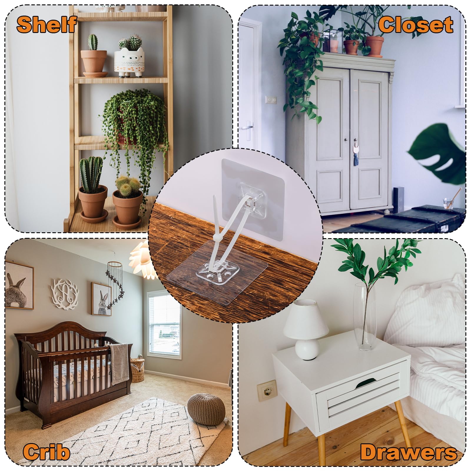 30pcs No Drill Furniture Anchors - Heavy Duty Adhesive Wall Mounting Kit with Nylon Straps for Baby Proofing & Furniture Safety | Secure Dressers, Bookshelves, Cabinets to Prevent Tip-Over Accidents (Perfect for Nursery, Kids Room & Home Safety)