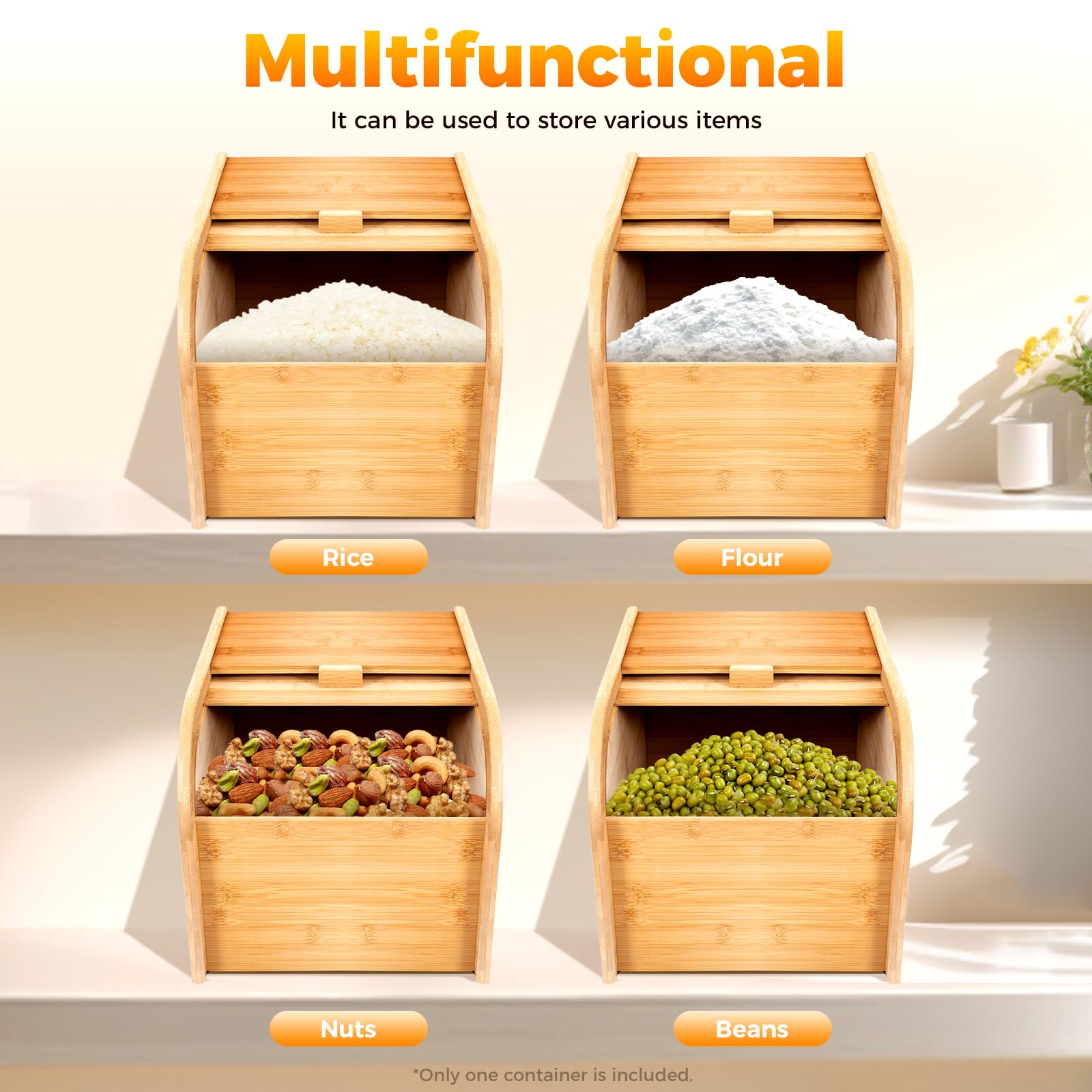 22Lbs Bamboo Rice Storage Container with Measuring Cup & Sliding Lid - Airtight Wooden Grain Storage Box for Rice, Cereal, Soybean, Corn - Perfect for Kitchen Pantry Organization & Bulk Food Storage