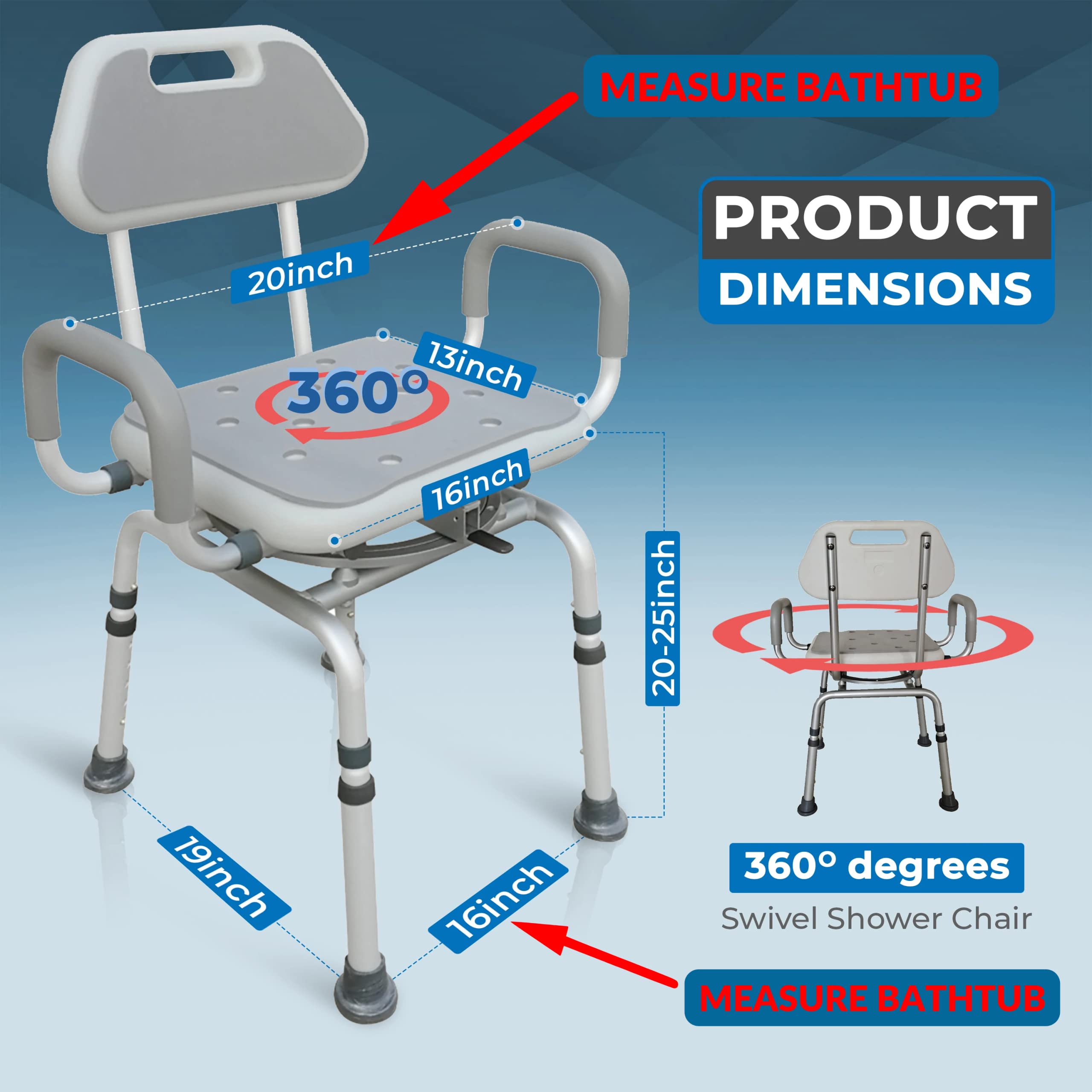 Premium 360° Swivel Shower Chair with Padded Seat & Backrest - Adjustable Bath Bench for Elderly & Disabled - Locking Mechanism & Center Lever for Safety - Ideal for Bathroom, Spa & Mobility Assistance