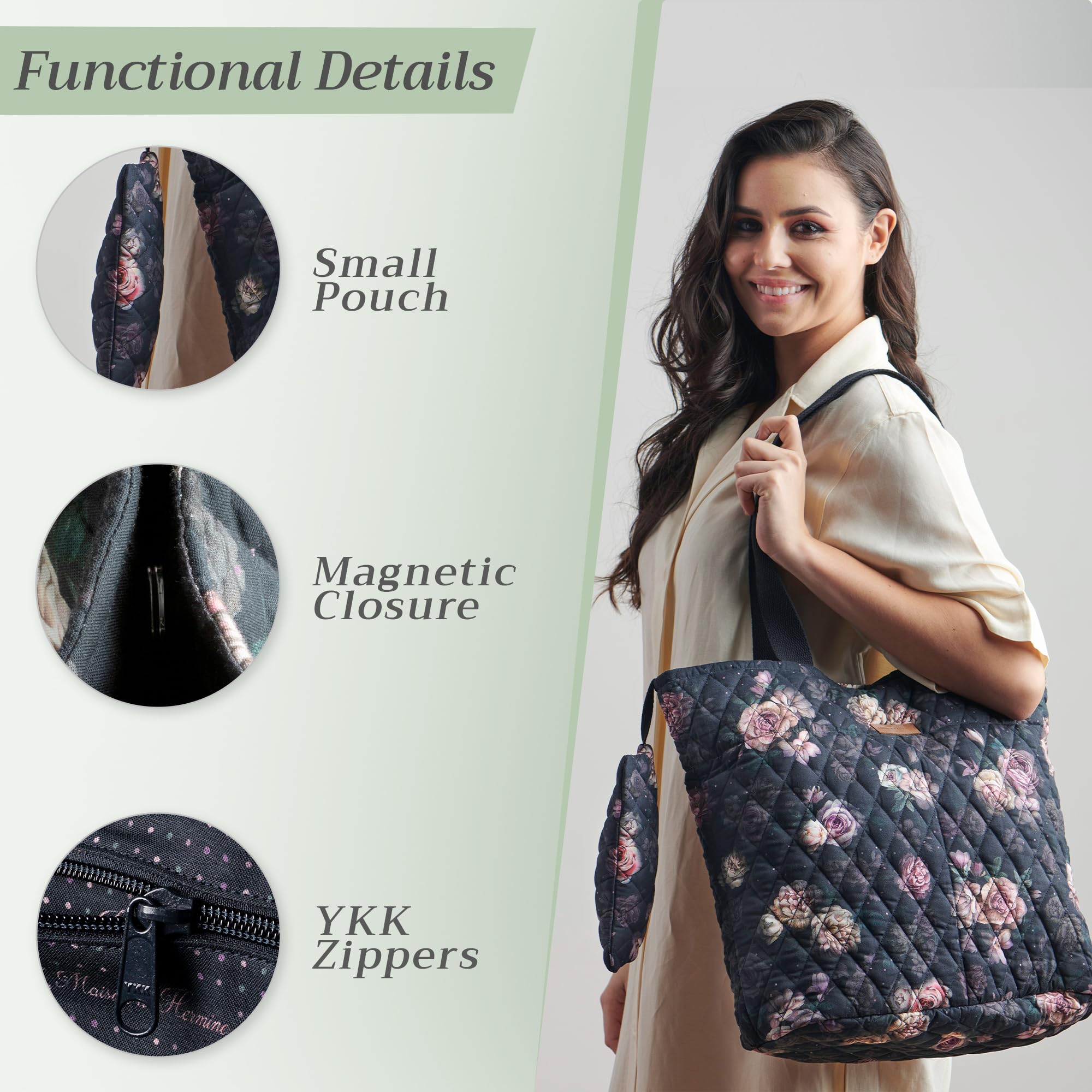 Hermine Quilted Cotton Tote Bag with Zipper Pockets & Detachable Pouch - Stylish Shopping Bag for Work, Travel, Groceries & Lunch - Perfect for Office, Commute & Daily Errands