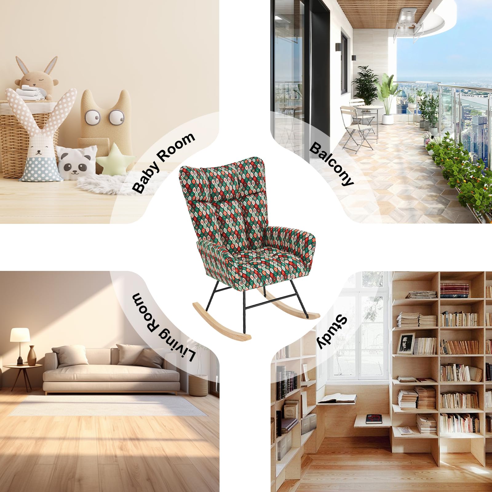**Solid Wood Nursery Rocking Chair with Soft Teddy Fabric Upholstery - Adjustable High Back Glider for Nursing, Reading & Relaxing - Perfect for Nursery, Living Room & Bedroom (Camouflage Design)**