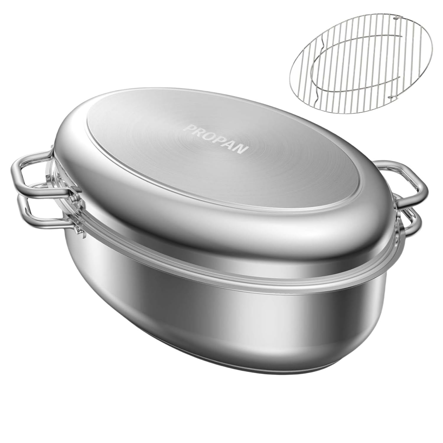 PROPAN 12 Quart Roasting Pan with Rack & Lid - 18/10 Stainless Steel Oval Dutch Oven - Induction Compatible, Dishwasher & Oven Safe Turkey Roaster (17 Inch) - Perfect for Holiday Meals, Roasting Turkey, Chicken, Beef & Baking Casseroles