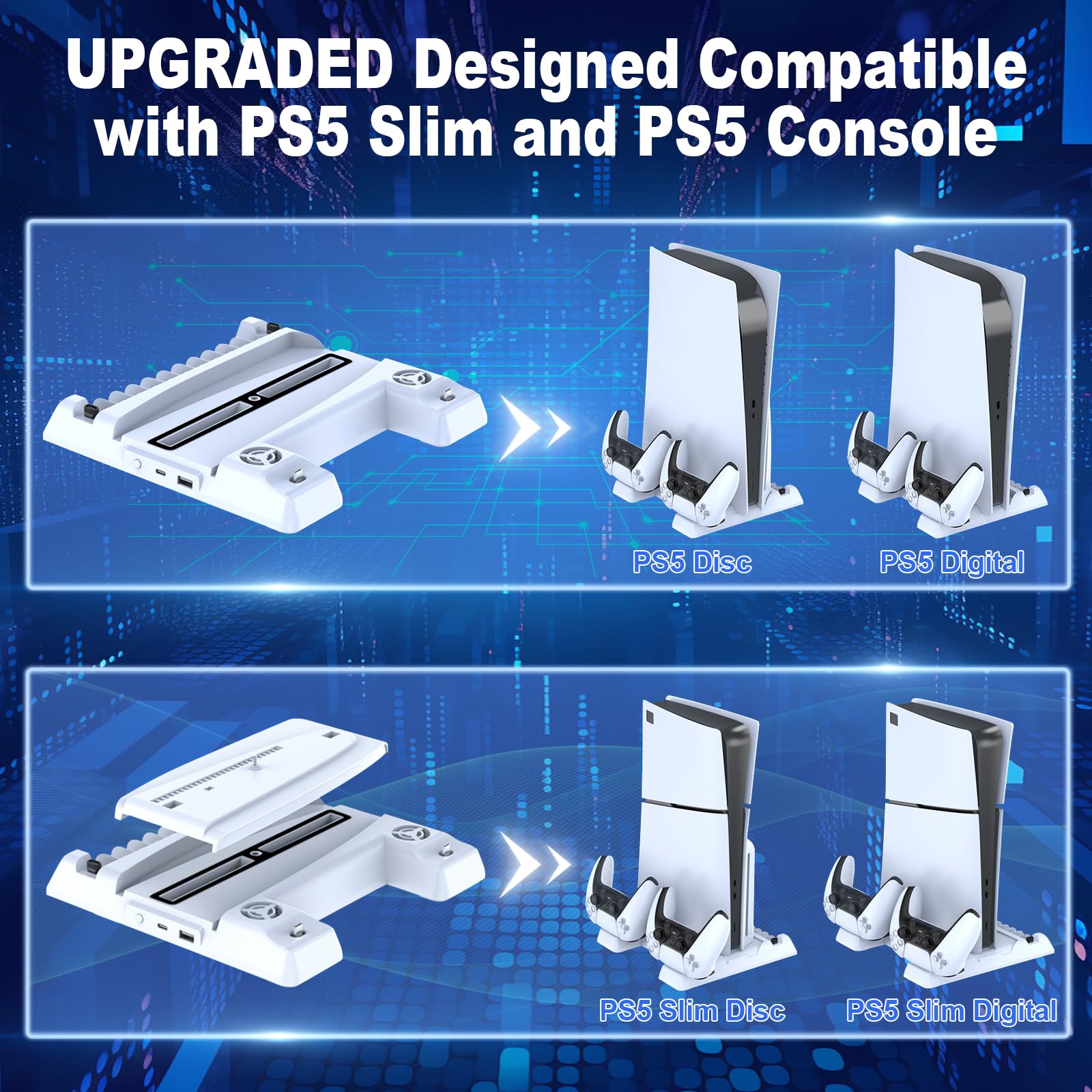 DOBE FOMIS PS5 Slim Stand with Cooling Fan & Controller Charger - 3-Speed Cooling Station for PlayStation 5 Disc/Digital Edition - Includes 4 USB Hub, 11 Game Storage Slots & Mounting Screws - Perfect for Gaming Setup & Console Protection