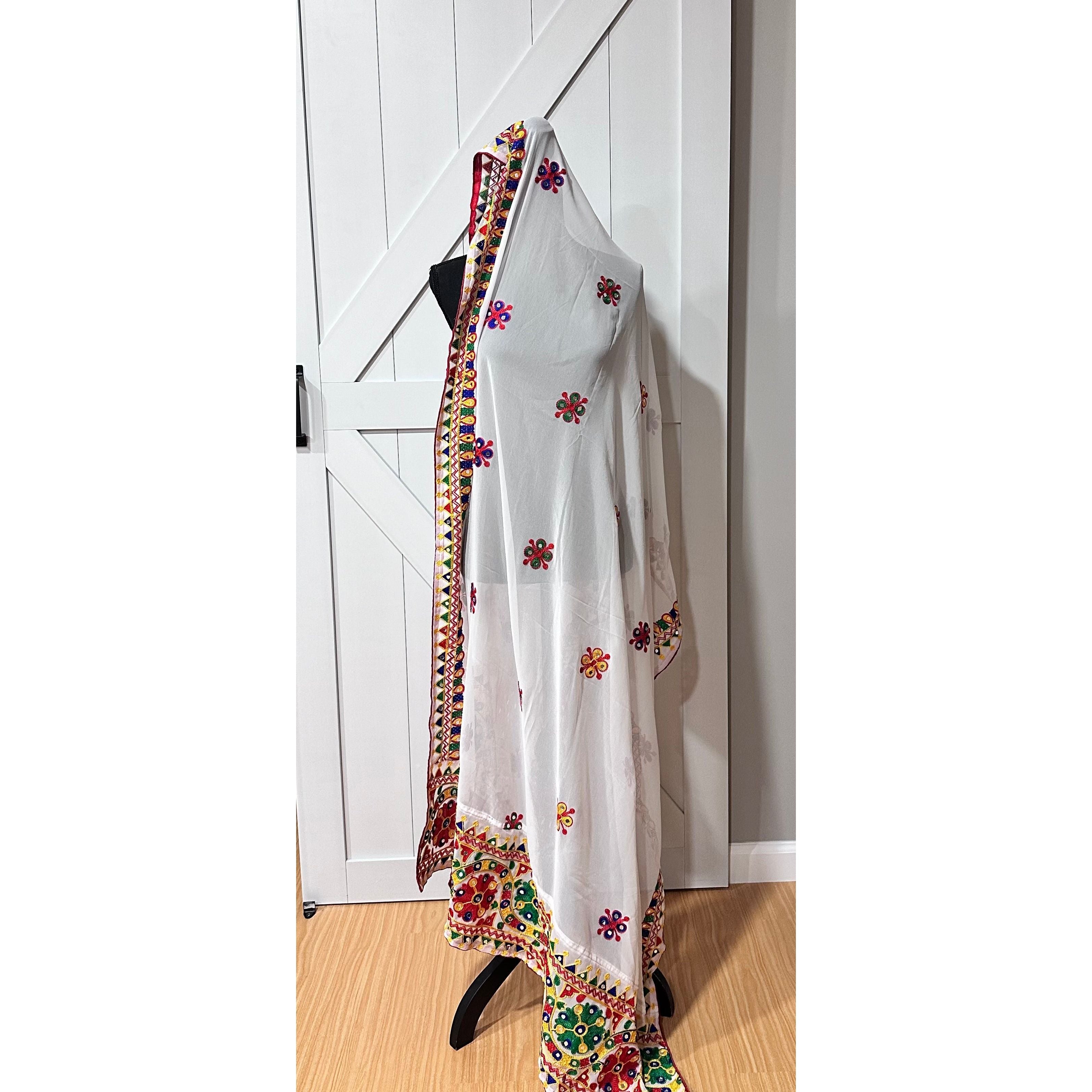Elegant White Navaratri Dupatta Scarf for Women - Perfect for Festivals, Weddings & Traditional Outfits