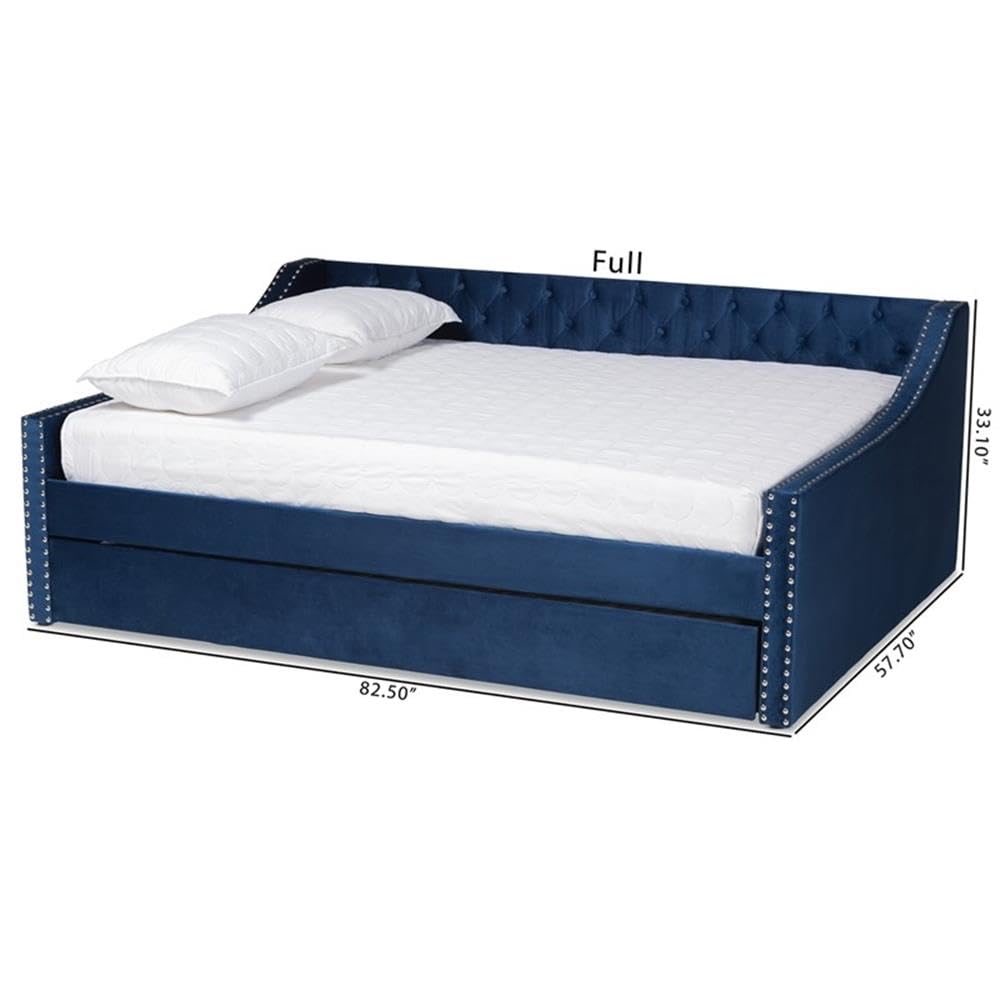 BOWERY HILL Modern Velvet Upholstered Queen Size Daybed with Trundle in Blue - Stylish Sofa Bed for Guest Room, Living Room & Small Space