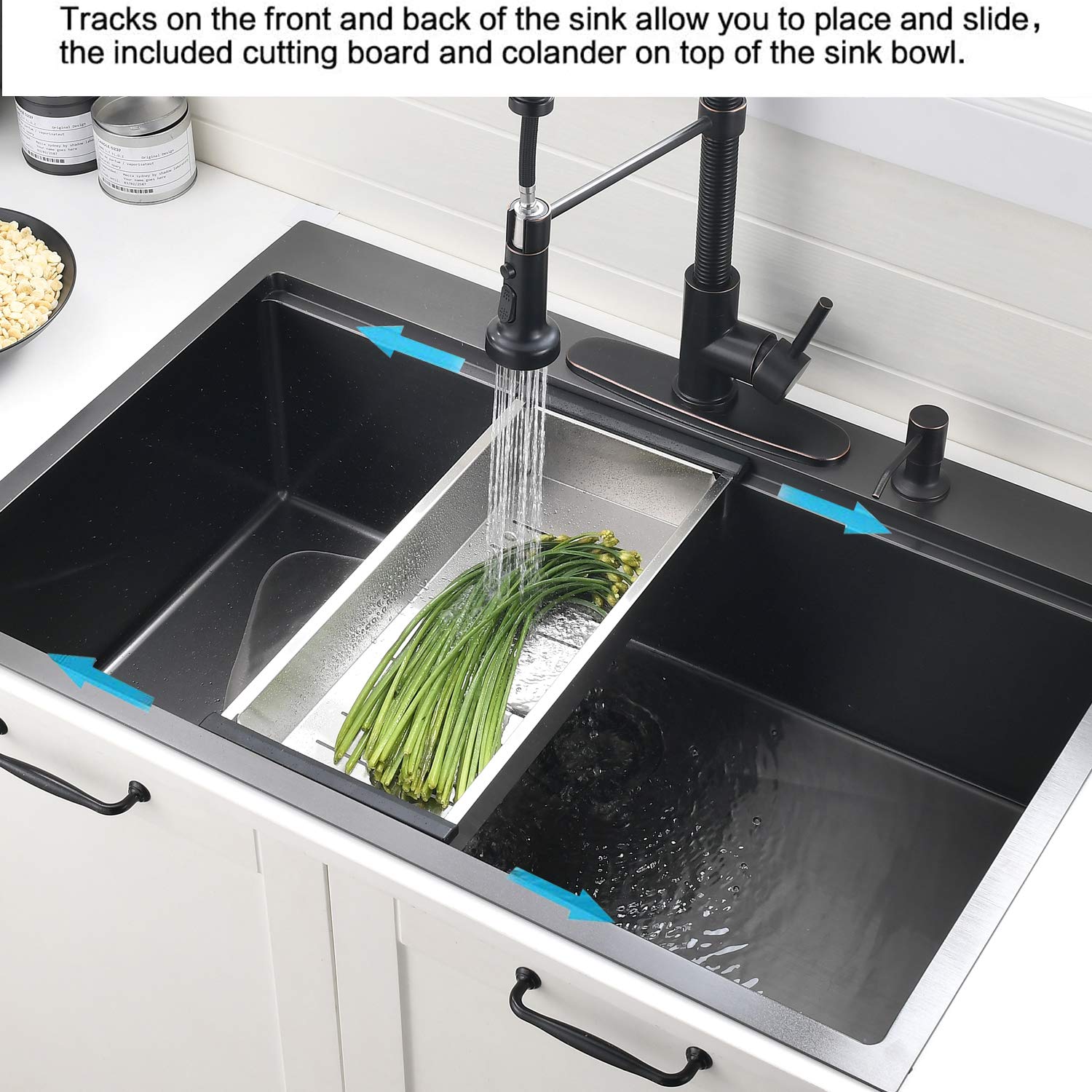 VOKIM 30x22-Inch Drop-in Kitchen Sink Workstation - 16 Gauge Stainless Steel Single Bowl Sink with Cutting Board & Strainer, 10'' Deep, Black (Perfect for Meal Prep & Dishwashing in Modern Kitchens)
