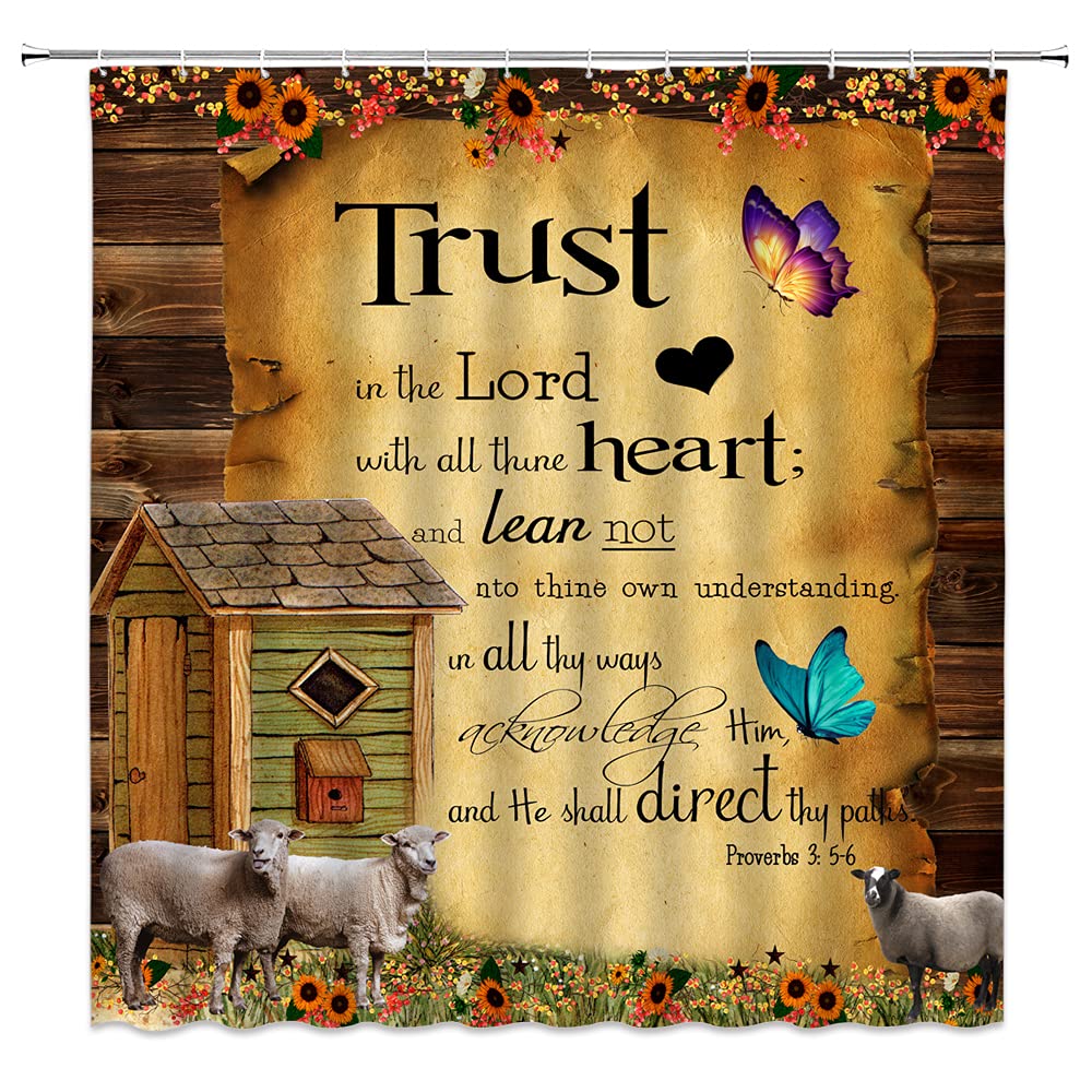 Christian Bible Verse Shower Curtain - Trust in The Lord, Farm Sheep Design for Bathroom Decor