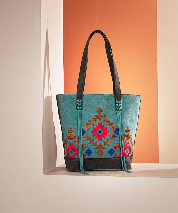 Montana West Aztec Embroidered Tote Bag Set for Women - Stylish Boho Shoulder Bag with Handmade Tribal Patterns - Perfect for Travel, Beach, Shopping & Everyday Use