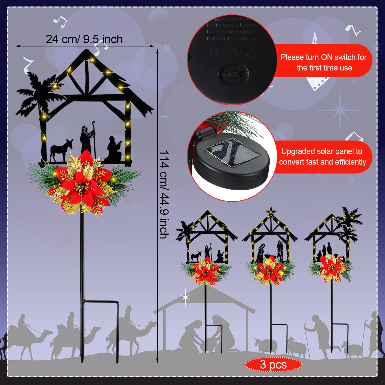 3 Pack Solar Powered LED Nativity Scene Stake Lights with Poinsettia - Outdoor Christmas Decor for Yard, Garden, Lawn - Perfect for Holiday Parties, Pathway Lighting, and Festive Home Decor