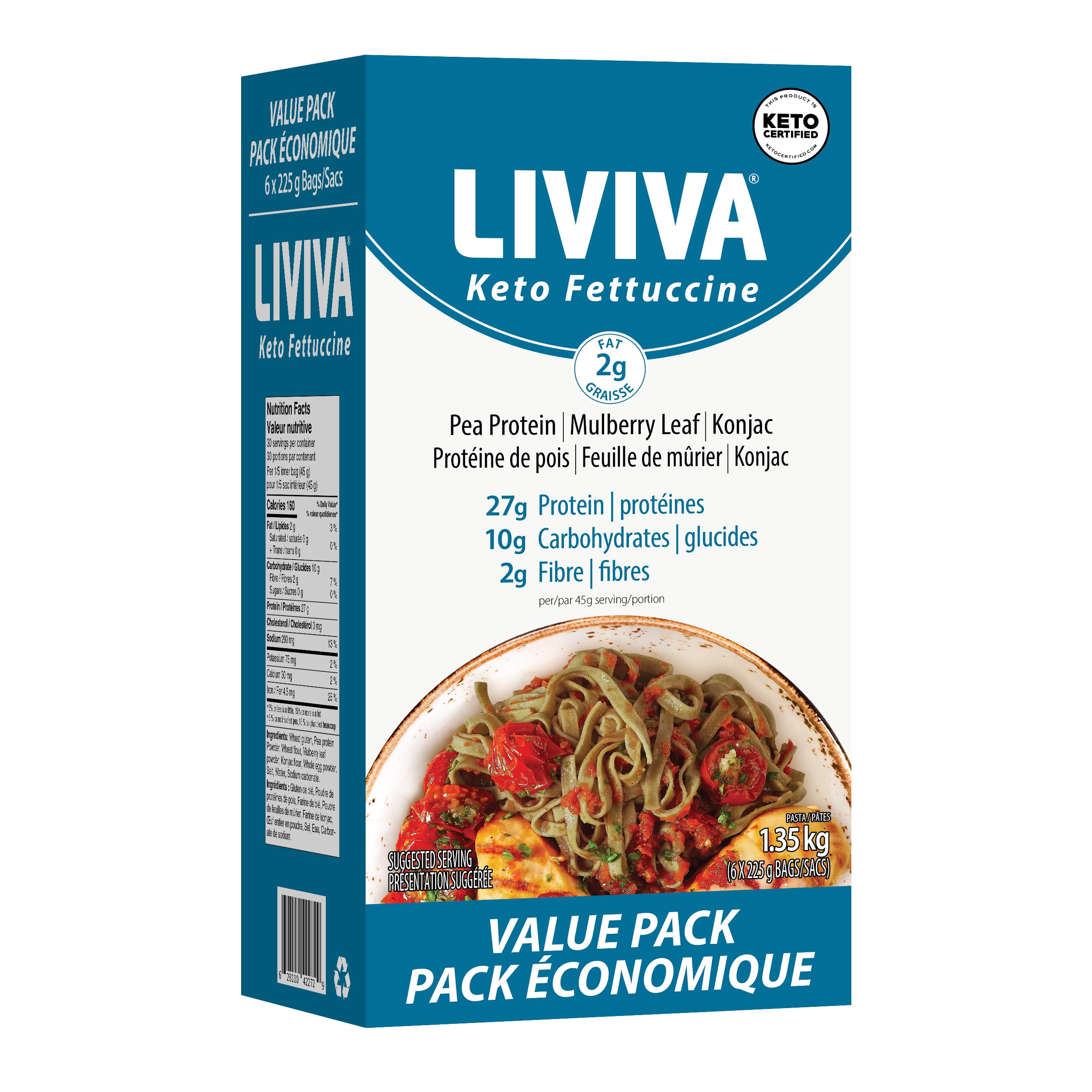 LIVIVA Low Carb High Protein KETO Fettuccine Pasta 6-Pack – 135g Protein per Box with Pea Protein & Konjac Flour – 8g Net Carbs, Diabetic-Friendly, Ready in 3-4 Minutes – Healthy Al Dente Noodles for Keto Diet, Weight Loss & Quick Meals