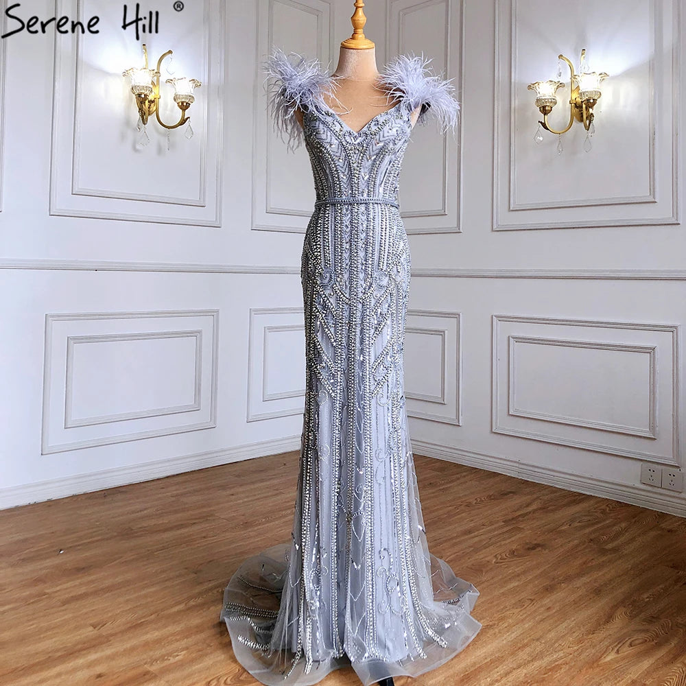 Elegant Lilac Beaded Mermaid Evening Gown with Feather Trim - LA70830 | Perfect for Prom, Gala & Formal Events