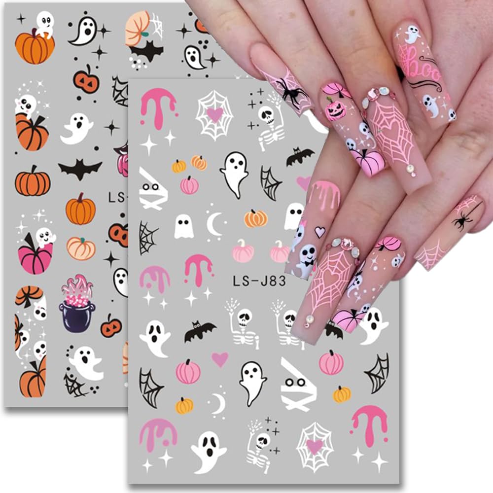 3D Halloween Nail Stickers - Self-Adhesive Pink Ghost, Skull, Pumpkin & Spider Web Designs - DIY Nail Art Decals for Women & Kids - 6 Sheets - Perfect for Halloween Parties, Costume Nails & Spooky Nail Art