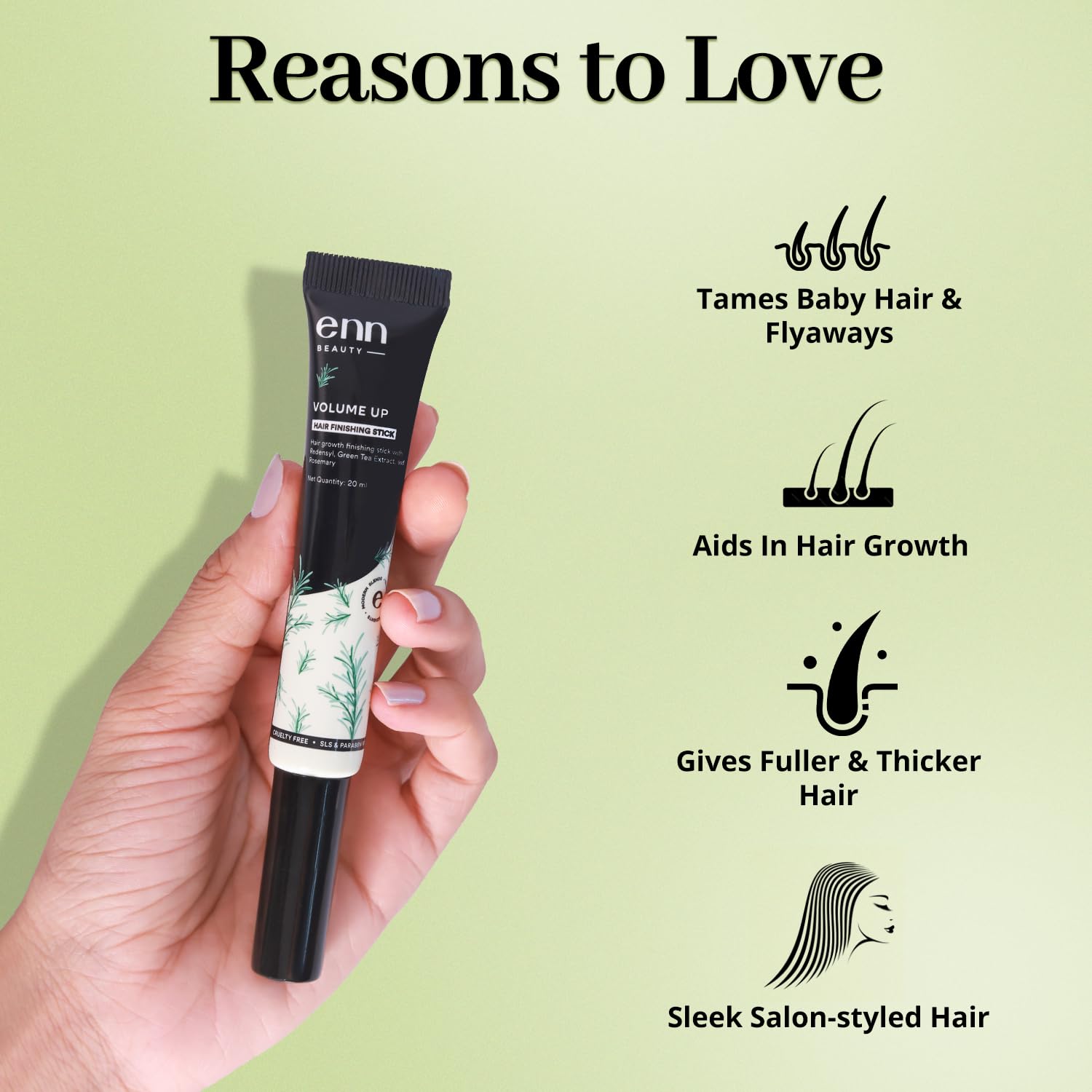 ENN Volume Up Hair Finishing Stick for Frizzy Hair - Anti Frizz Baby Hair Styler with Redensyl, Green Tea & Rosemary Extract for Hair Growth | Non-Sticky, Non-Greasy Formula | 20ml Travel Size | Perfect for Flyaways, Baby Hairs & Styling on the Go