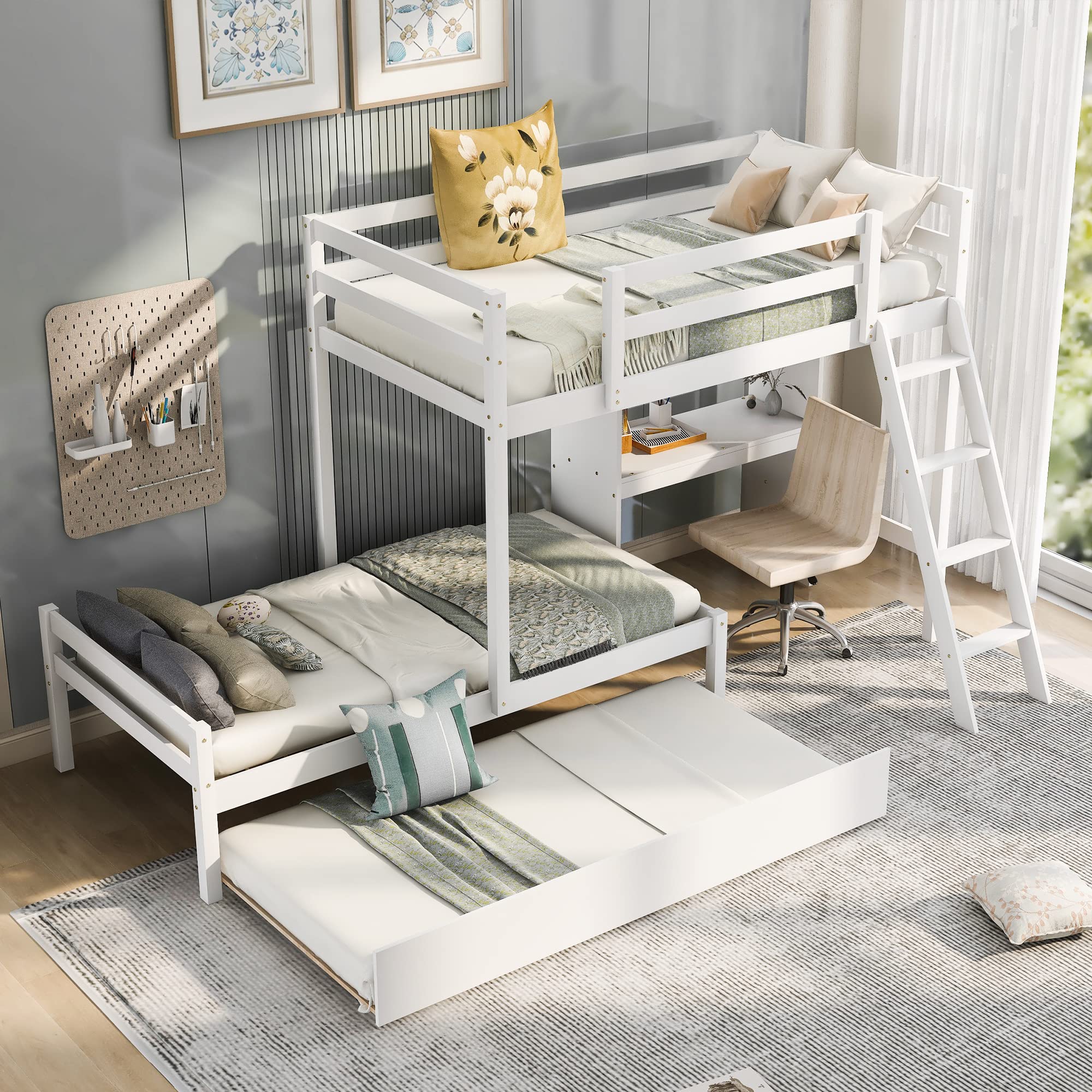 Convertible Twin Over Twin Wooden Bunk Bed with Built-in Desk, Bookshelves & Trundle - 3-in-1 Space Saving Design (White) - Perfect for Kids' Bedroom, Guest Room & Small Spaces