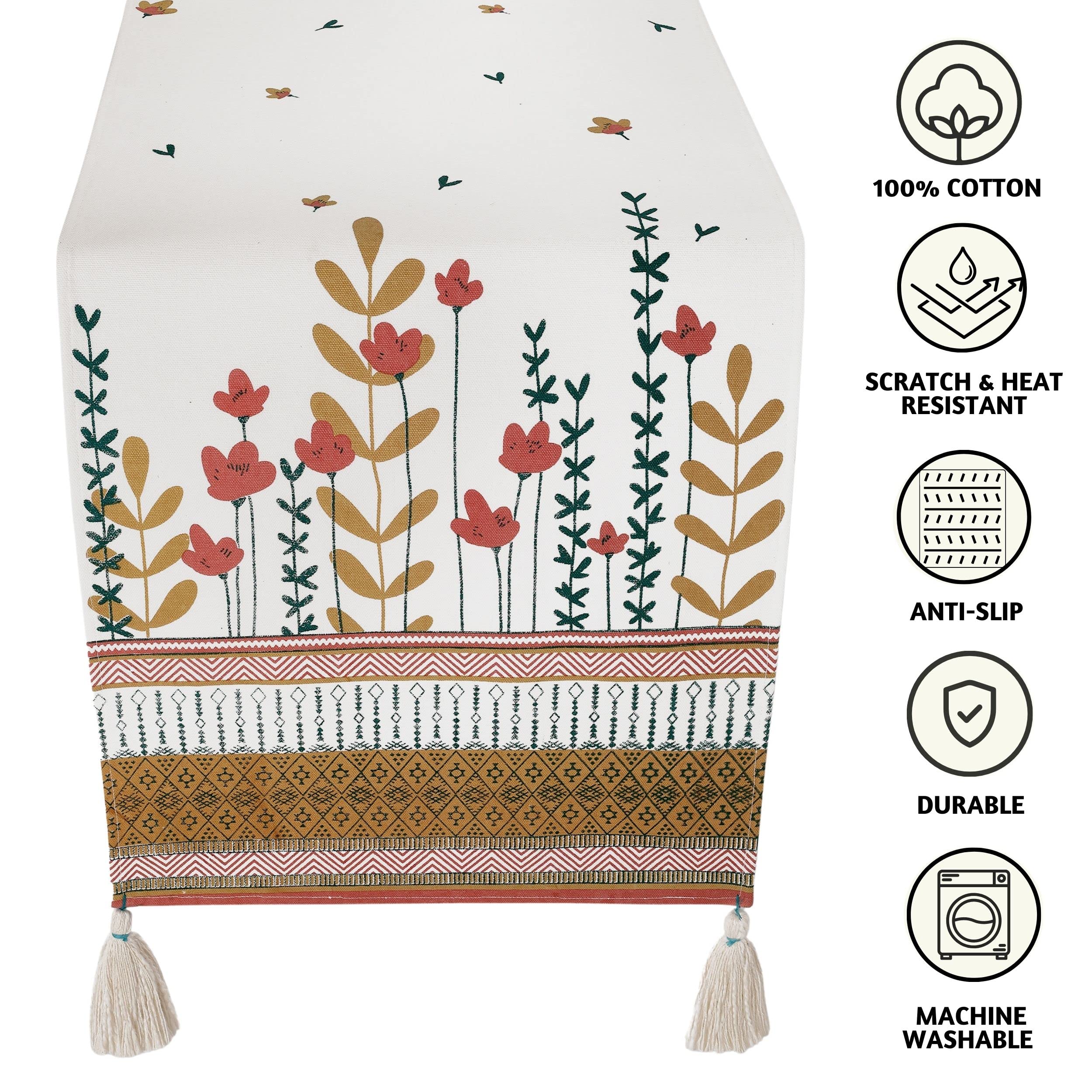 72 Inch Folkulture Cotton Farmhouse Table Runner - 100% Cotton Spring & Boho Table Decor for Dining, Coffee, and Kitchen Tables - Perfect for Wedding, Party, and Holiday Decorations (Bloom Design)
