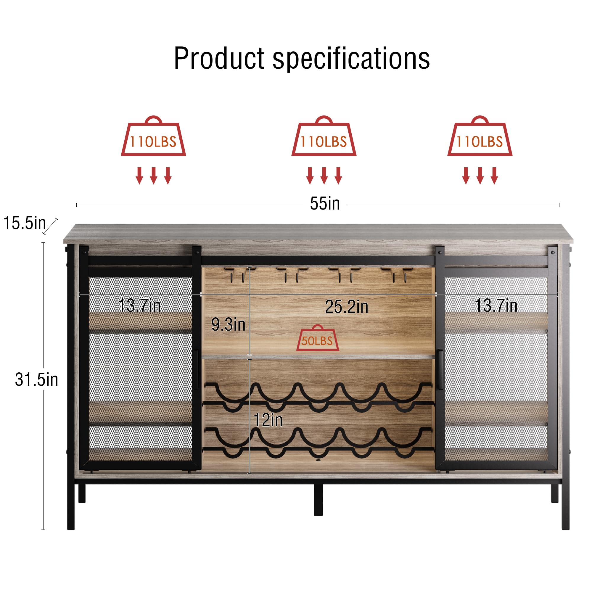 QNICE LED Industrial Wine Bar Cabinet with Sliding Barn Door - Farmhouse Sideboard Buffet Storage for Liquor, Glasses & Coffee Bar - Rustic Dark Finish for Kitchen, Dining Room & Home Bar Decor