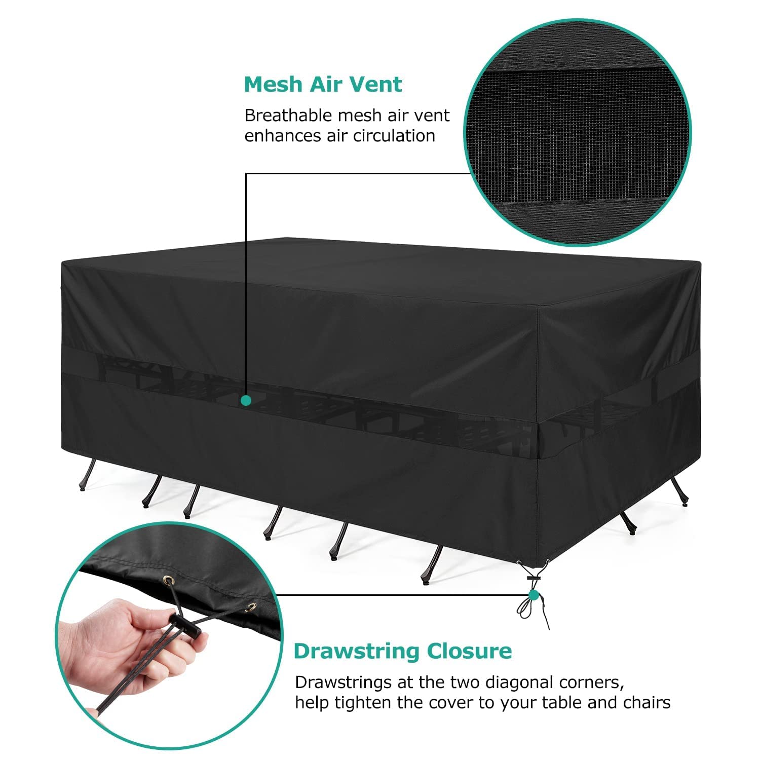 **SunPatio Waterproof Outdoor Patio Furniture Cover for Rectangular Table & Chairs Set - All-Weather Protection with Drawstrings & Taped Seams (76