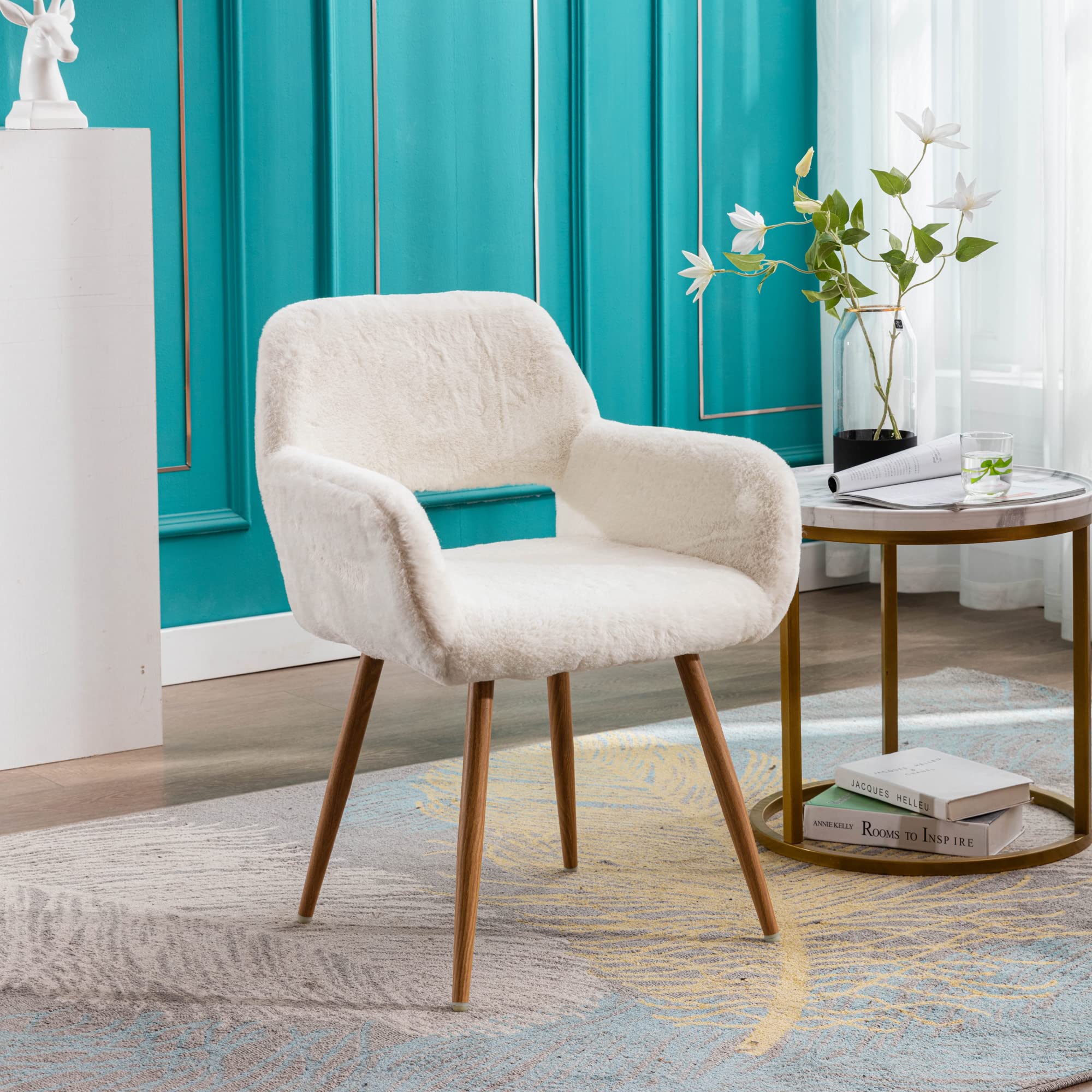 KCC Furry Desk Chair - Mid-Century Modern Accent Armchair with Faux Fur Upholstery & Wood-Look Metal Legs - Comfortable Seating for Teen Girls - Perfect for Living Room, Dining Room, Home Office, Vanity or Makeup Area (White, No Wheels) - Ideal for Study Sessions, Gaming, and Relaxing