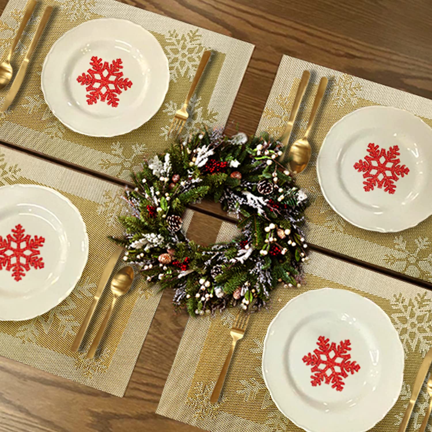6-Piece Christmas Woven Vinyl Non-Slip Placemats Set - Washable & Anti-Skid Table Mats for Kitchen Dining, Holiday Decor (Snow Gold) | Perfect for Festive Dinner Parties & Family Gatherings