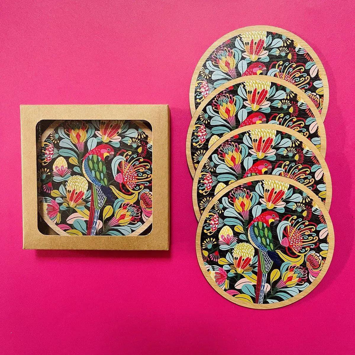 Rosella Bird Australian Wooden Coaster Set - 4-Piece Handmade Wood Drink Coasters for Home & Bar Decor - Perfect for Protecting Tables from Hot & Cold Beverages