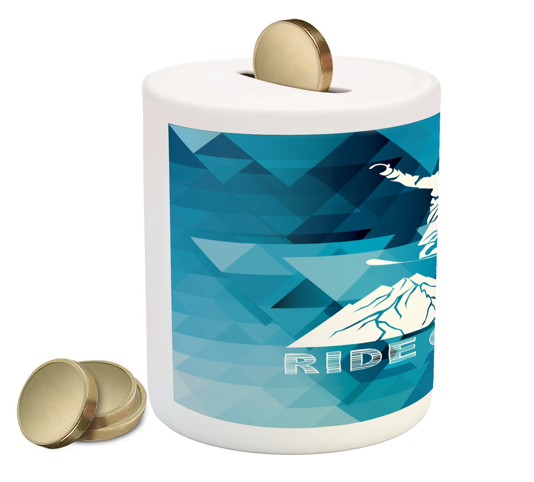 Ambesonne Ceramic Piggy Bank - Abstract Fractal Design with Snowboarding Man & 