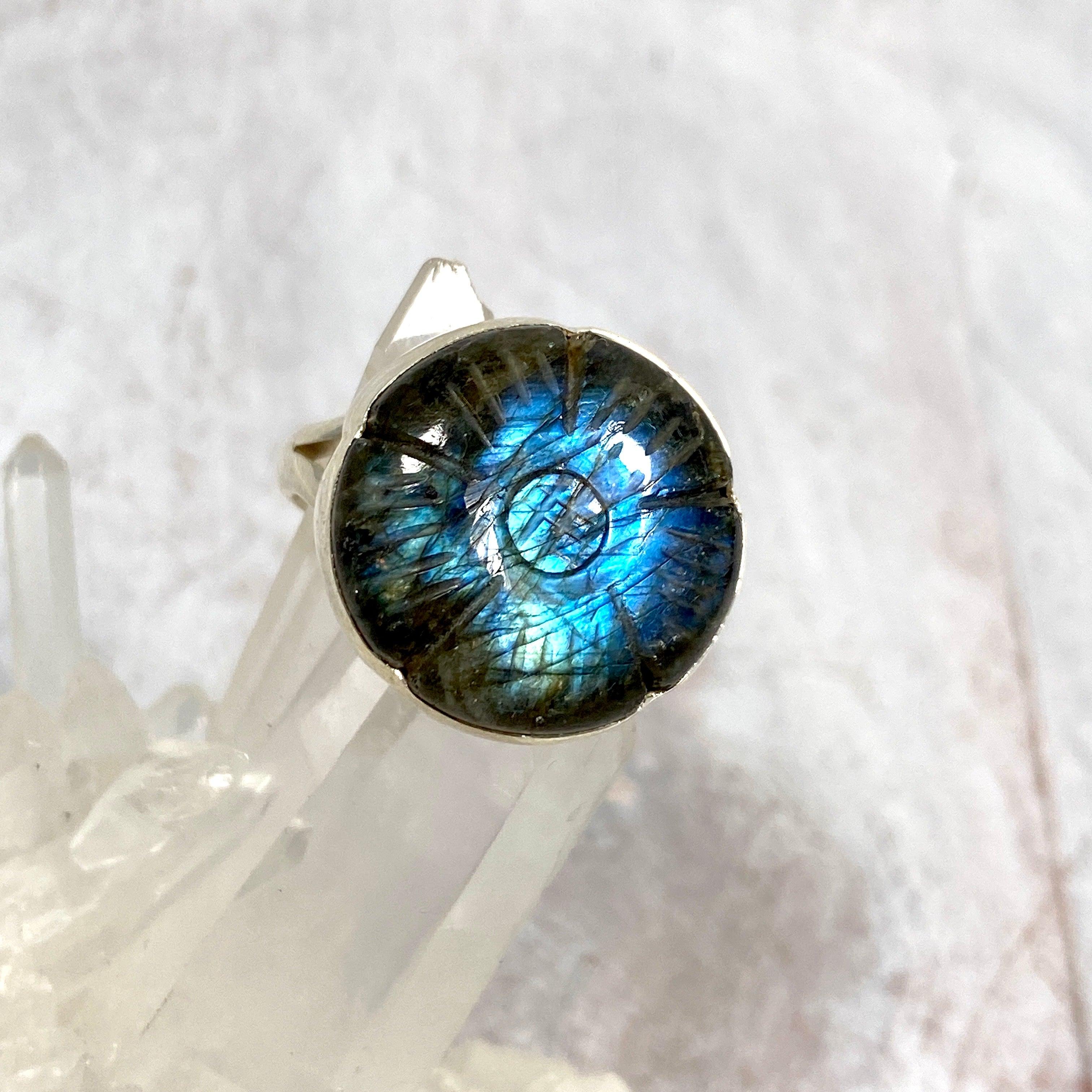 Labradorite Flower Cabochon Ring with Split Band - Sterling Silver Gemstone Jewelry for Women - Perfect for Boho Style, Gift Giving & Special Occasions