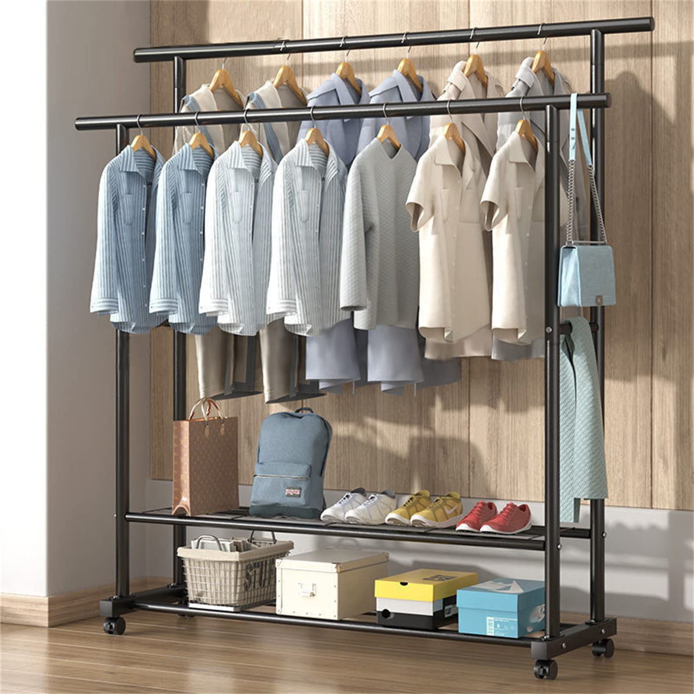 Heavy Duty Double Rods Clothes Hanging Rack with Shelves - Sturdy Metal Garment Rack for Organizing Clothes & Shoes | Perfect for Laundry Room, Closet Organization & Drying Clothes