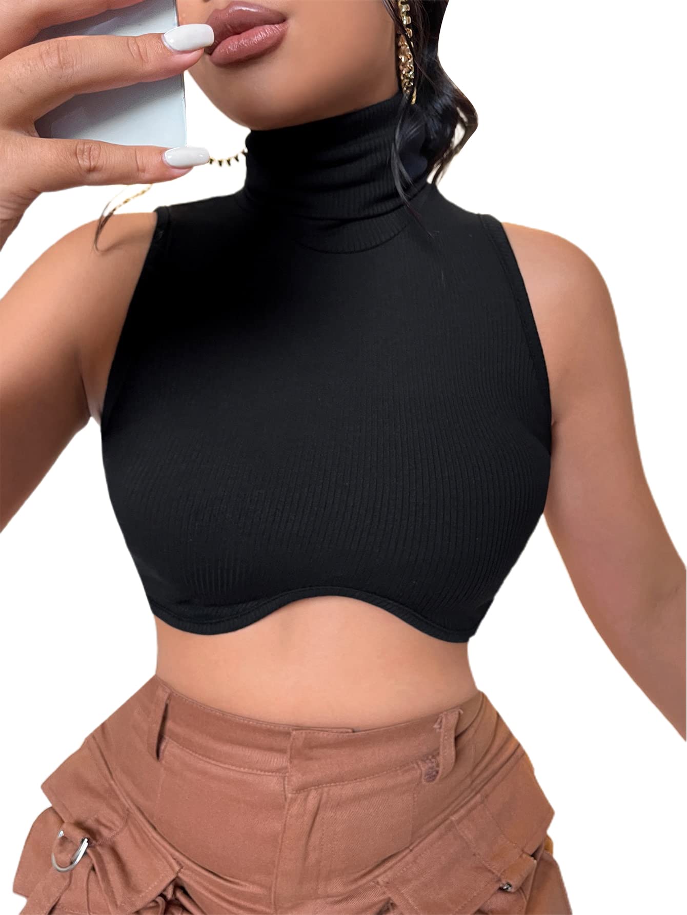 SheIn Women's High Neck Ribbed Knit Crop Top - Turtleneck Sleeveless Asymmetrical Cami Tank Tops for Casual Wear, Layering & Night Out