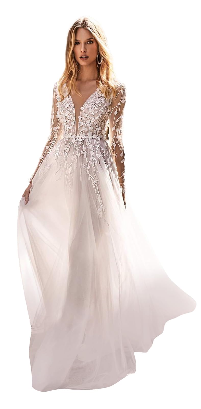 POMUYOO 2024 Women's Long Sleeve Lace Wedding Dress – Elegant Bridal Gown for Church Ceremony, Beach Wedding & Formal Reception
