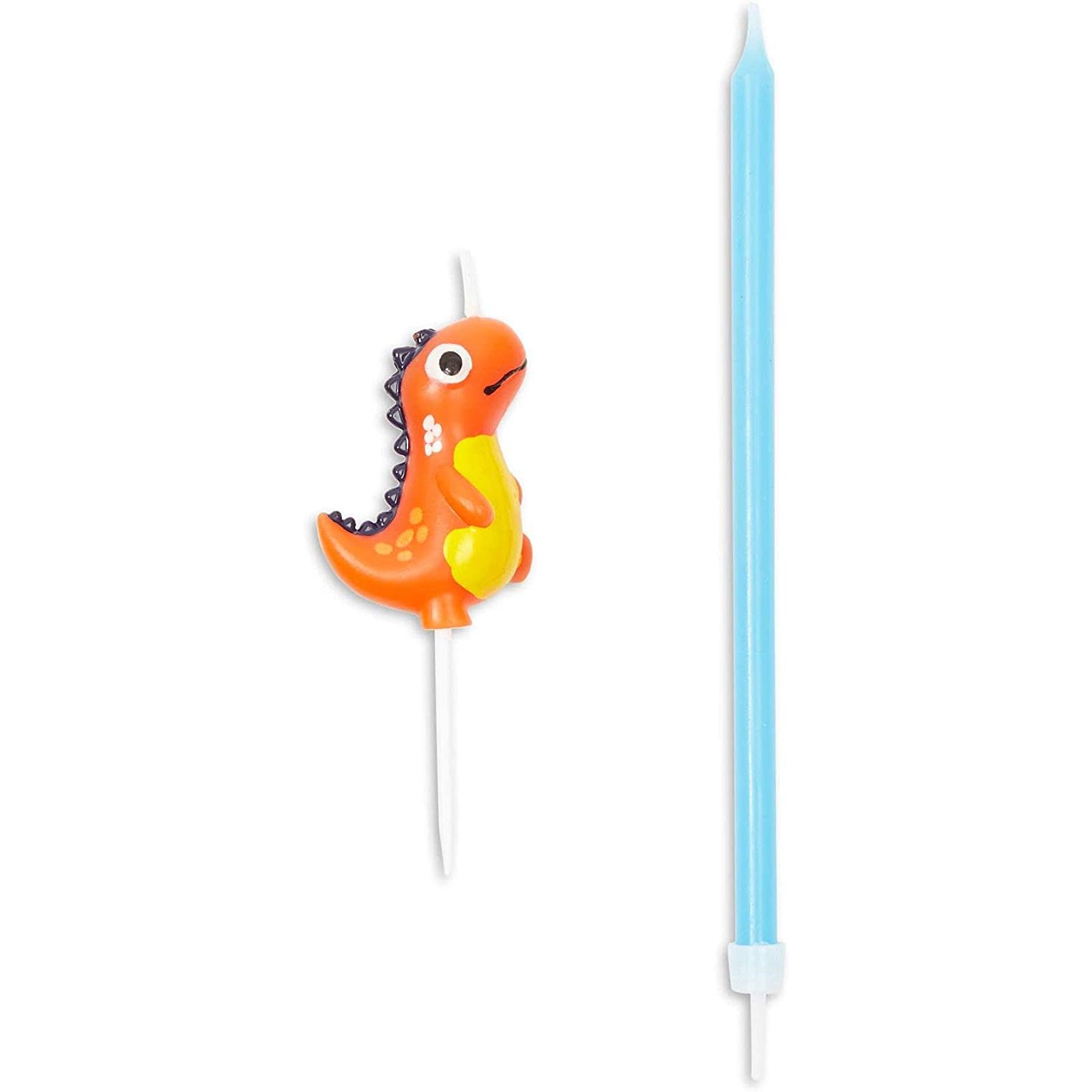 BLUE PANDA - 18-Pack 3D Dinosaur Cake Toppers with Thin Candles & Holders for Birthday Party Decorations, Dino Themed Cakes, Kids Celebrations and Special Events