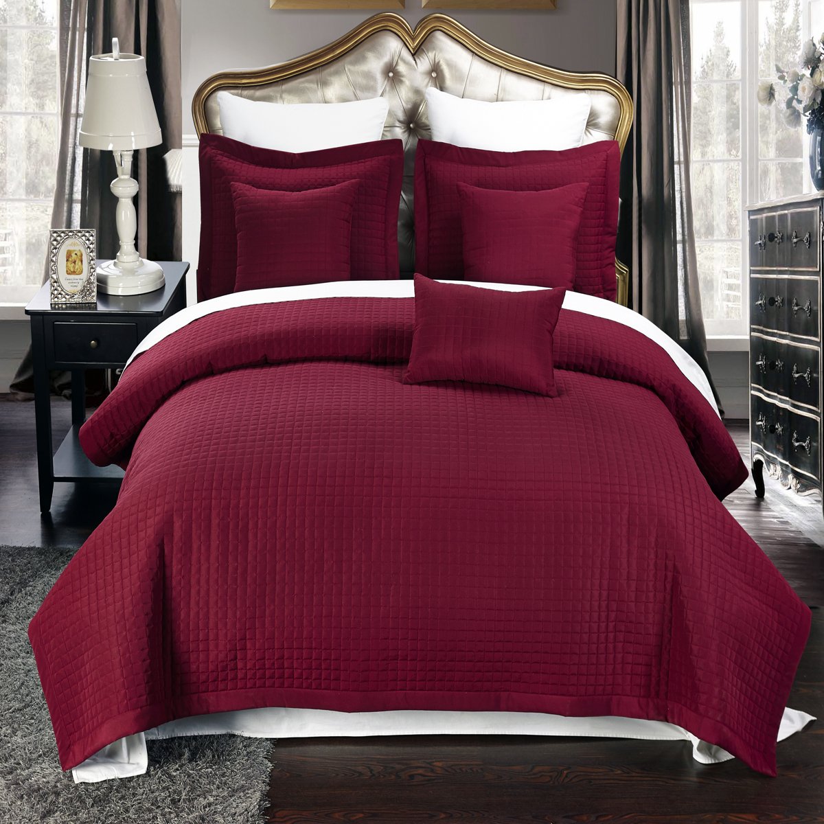 7-Piece Full Size Quilt Set - Burgundy Checkered Bedspread with Sheets & Coverlet | Complete Bed in a Bag for Cozy Bedroom Decor & Guest Room Essentials