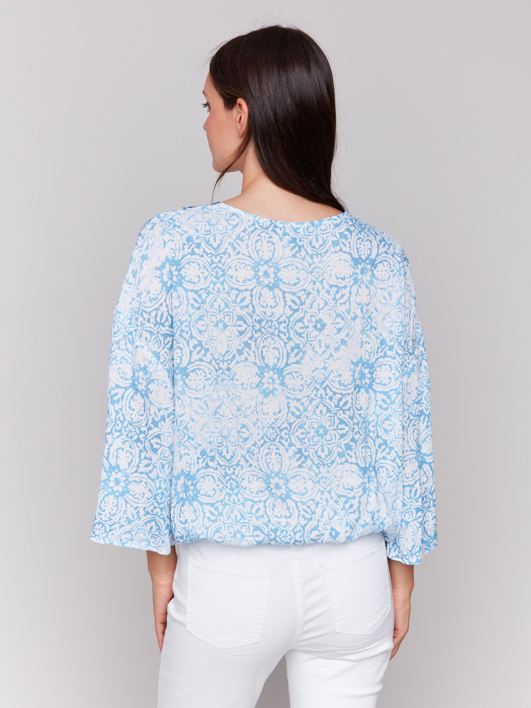 Stylish Printed Overlap Blouse in Denim - Perfect for Casual Outings, Office Wear & Date Nights