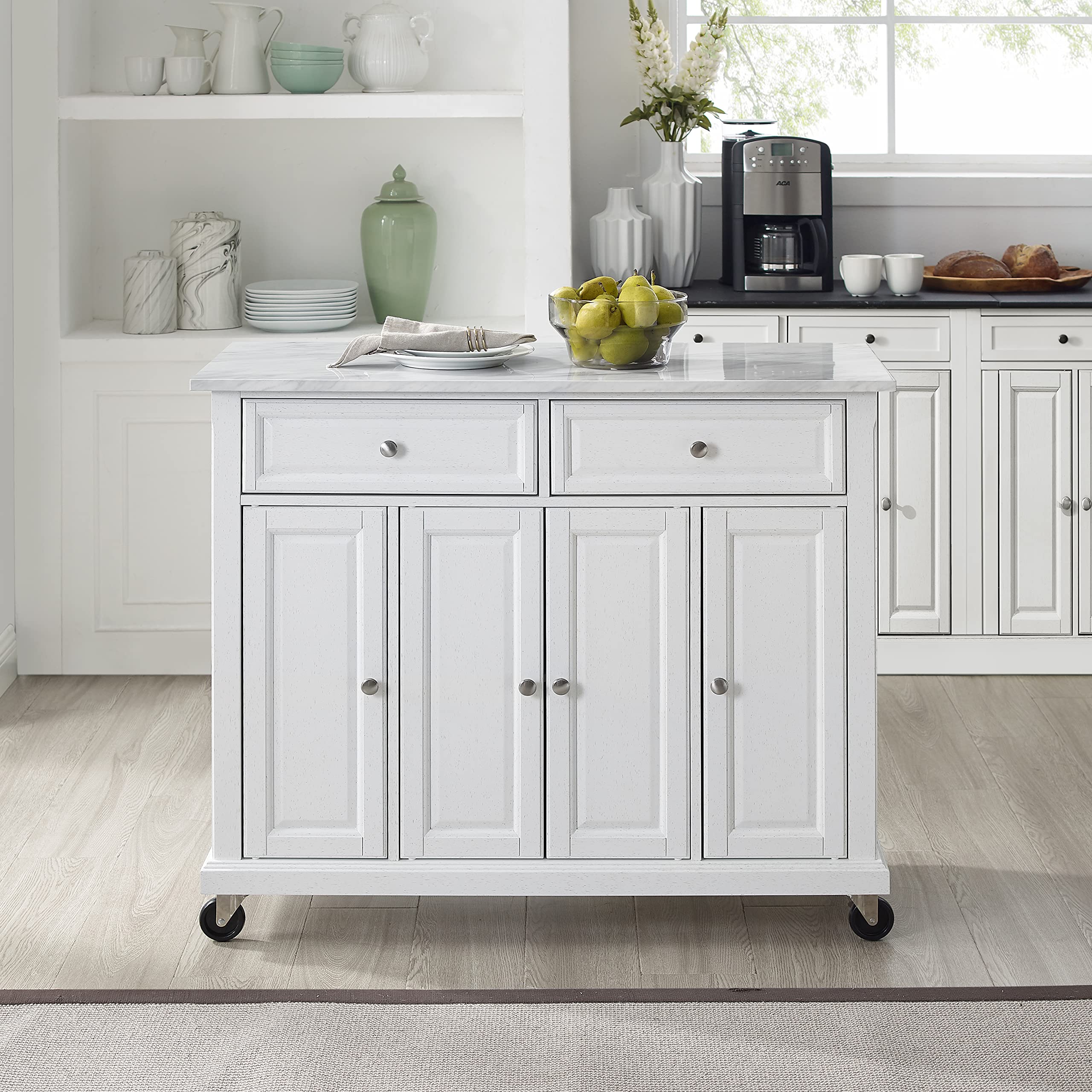 Crosley Avery Rolling Kitchen Island Cart with Shelves - White Distressed Finish | Microwave Stand, Coffee Bar Station & Storage Organizer | Perfect for Small Kitchens, Apartments & Breakfast Nooks