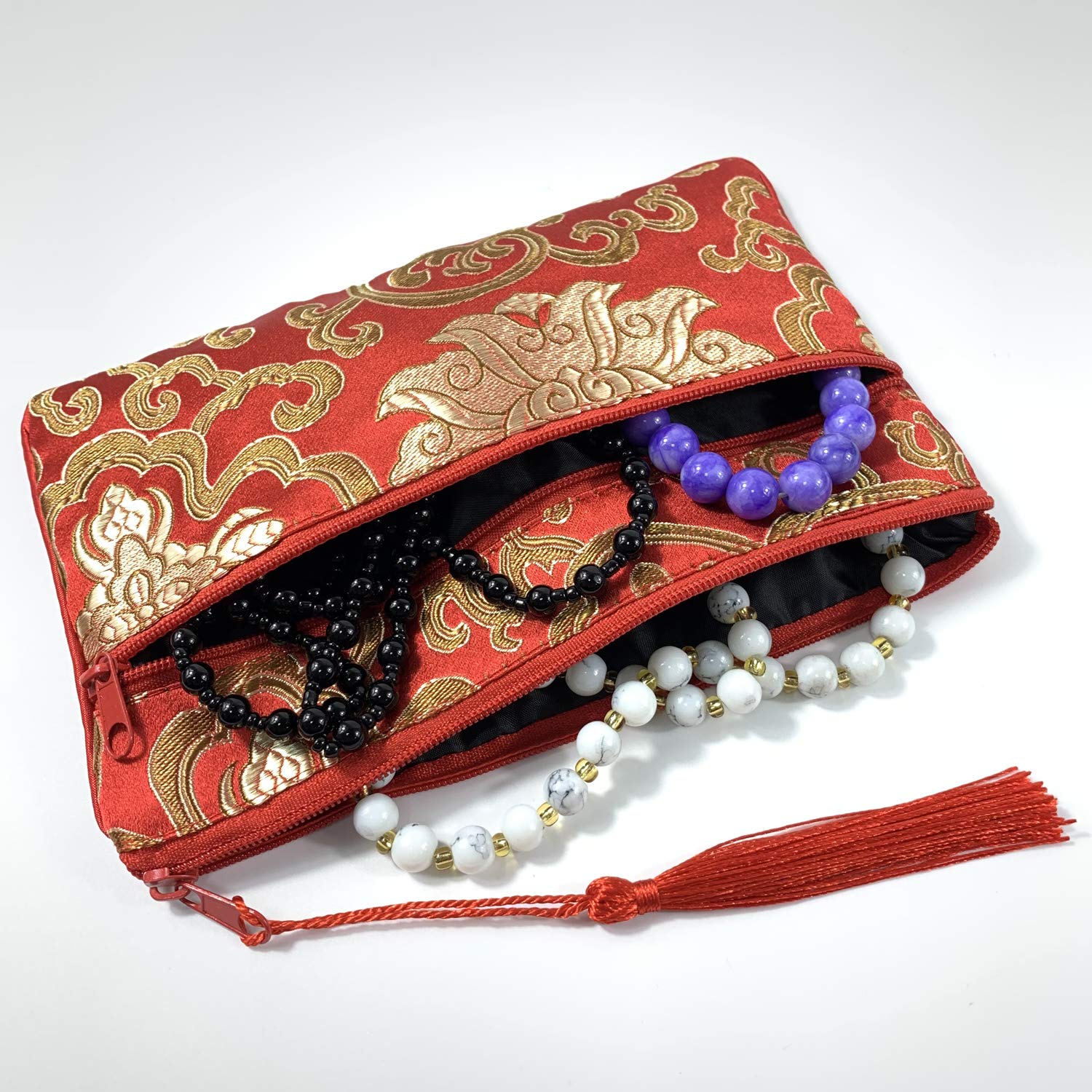 2PCS Silk Brocade Jewelry Pouch with Padded Tassel & Double Zipper - Coin Purse Gift Bags Set (Wine Red & Red) - Perfect for Organizing Rings, Necklaces & Small Valuables at Home or Travel